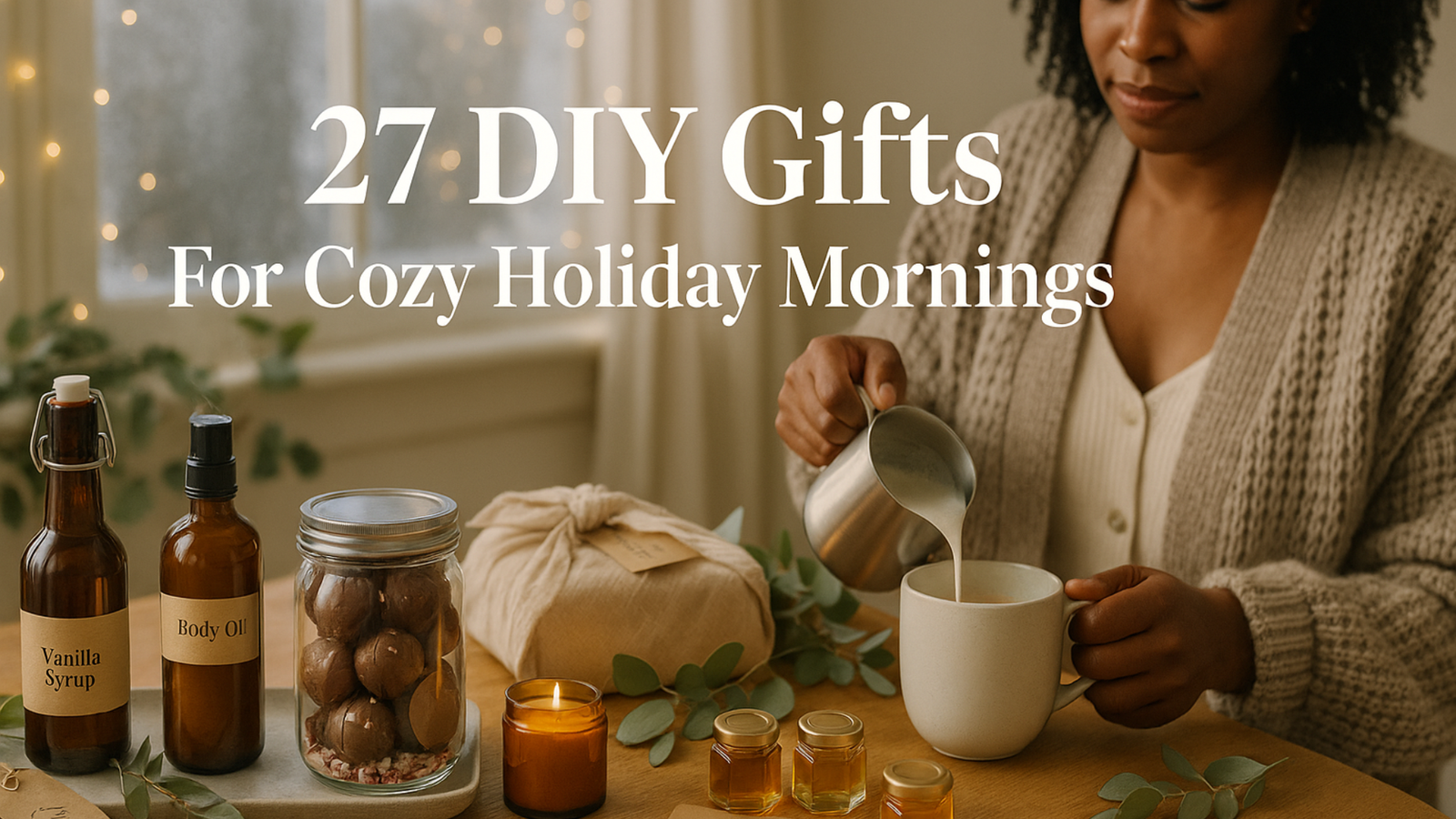 Beautiful Black woman pours milk into a mug beside DIY gifts—vanilla syrup, body oil, cocoa bombs in a jar, mini honey jars, a lit candle, and a kraft-wrapped gift—warm lights glow by the window.