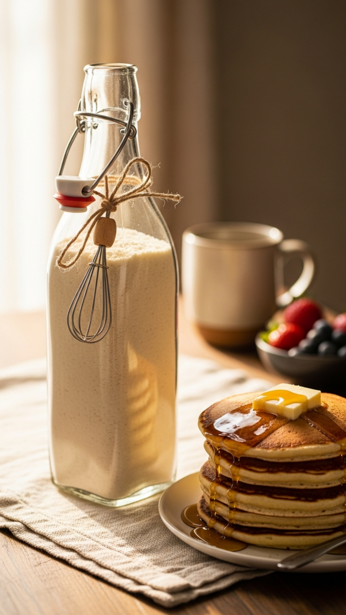Fluffy Pancake Mix Bottle — tall swing-top bottle layered with pancake mix; mini whisk and kraft label attached.

