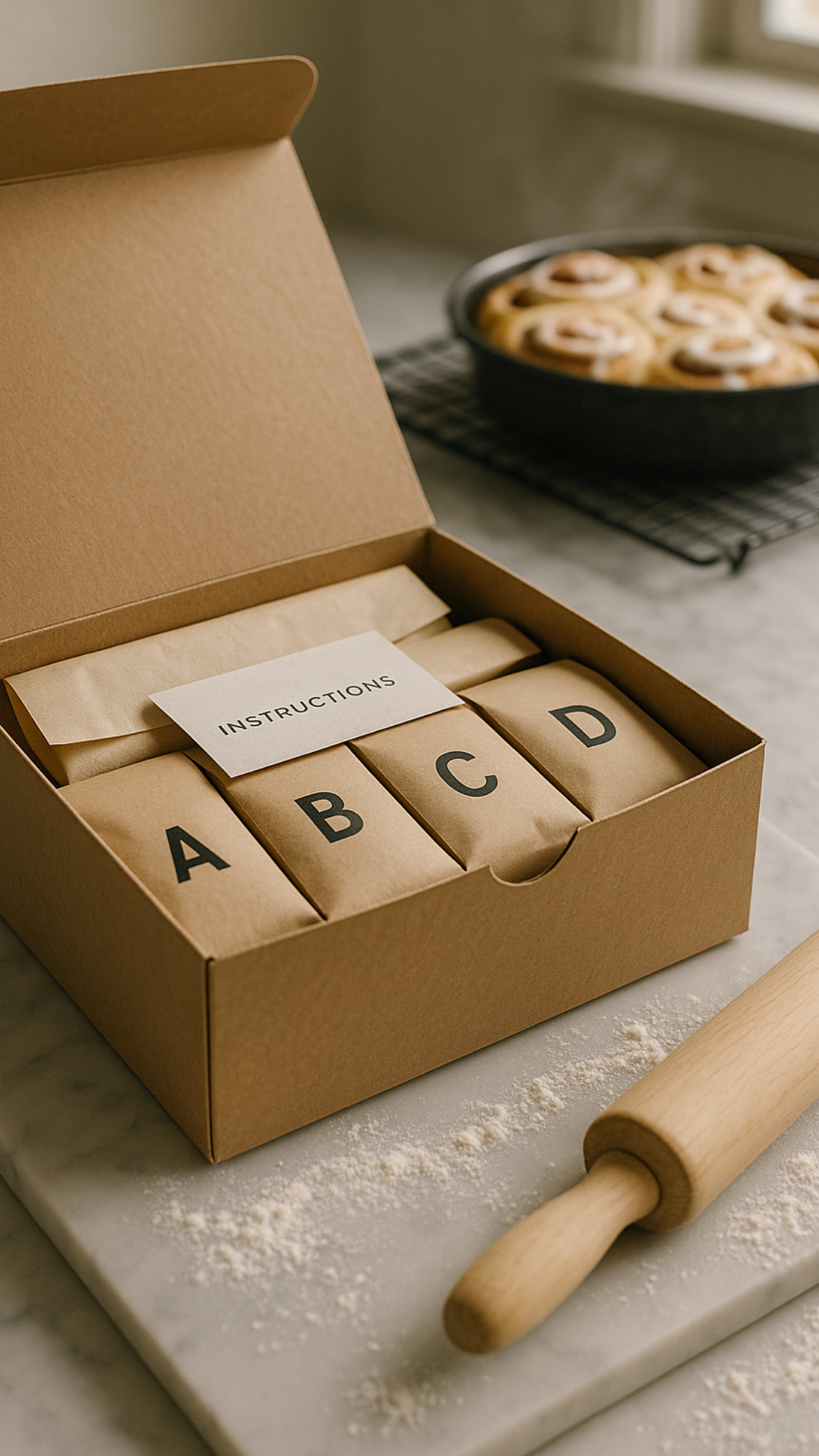Cinnamon Roll Kit — kraft box holding labeled pouches for dough, filling, icing, plus parchment and a pan.
