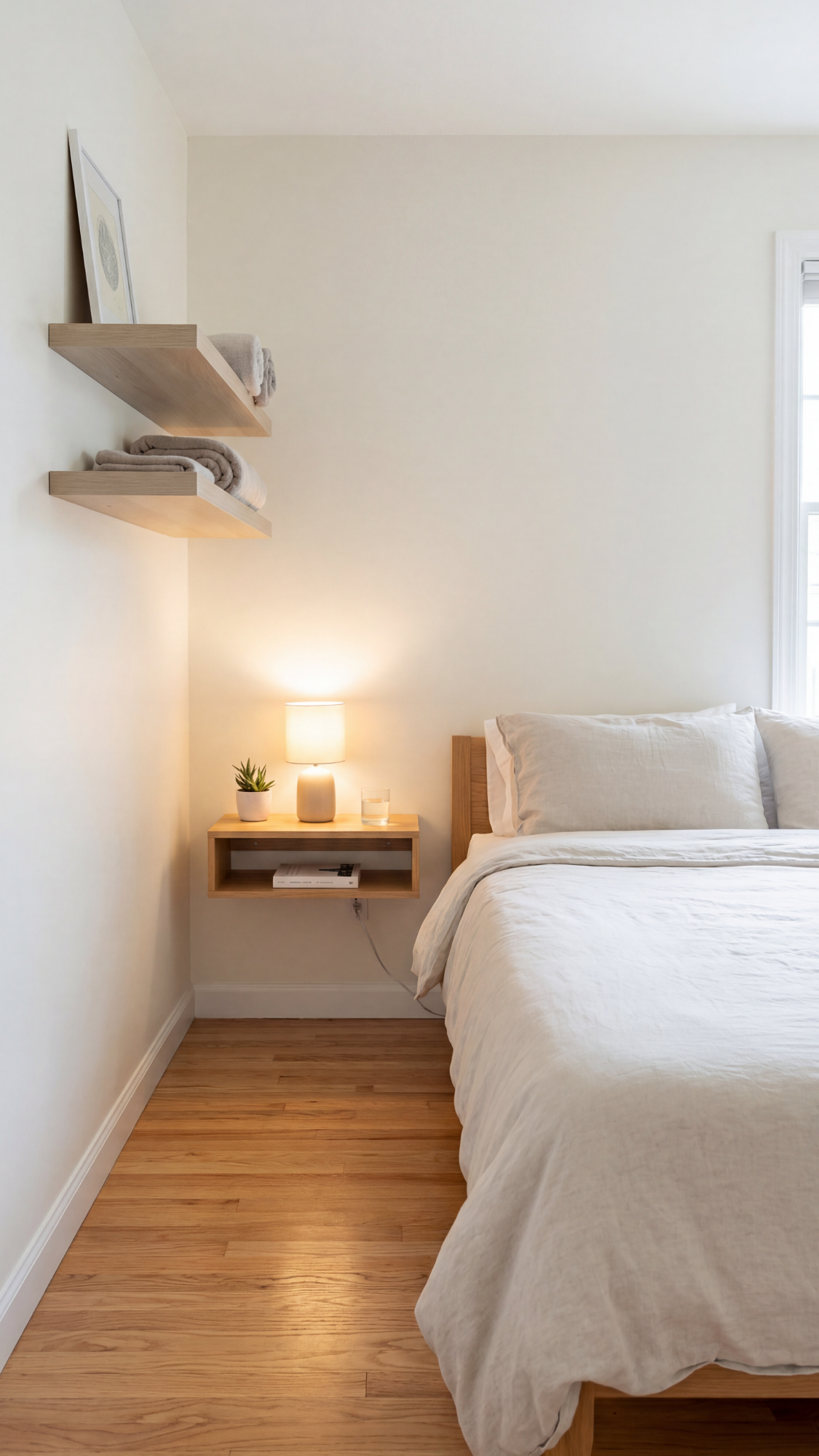 Tiny bedroom with floating nightstands and wall shelves freeing floor space and keeping the room light and airy