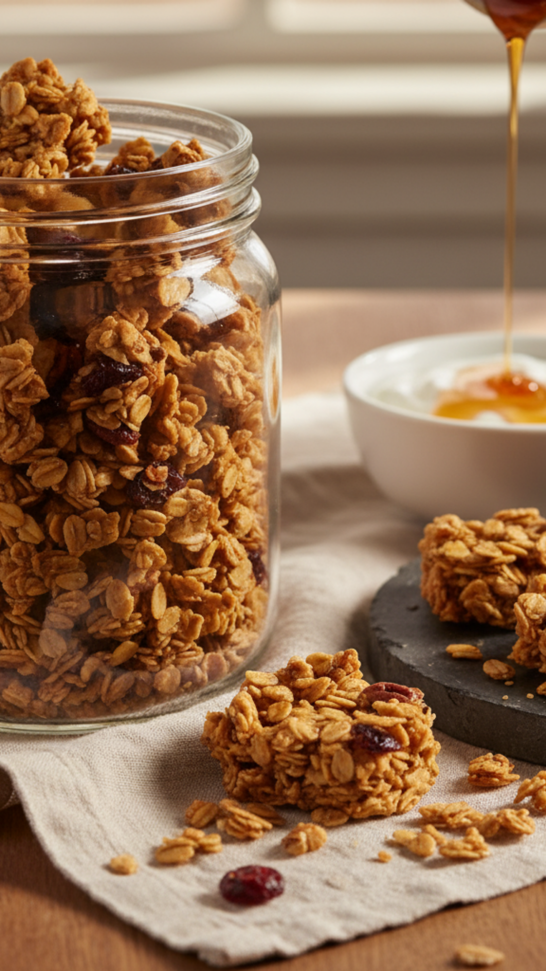 Granola Cluster Jar — glass jar of chunky maple-pecan granola; wooden scoop and simple date label.
