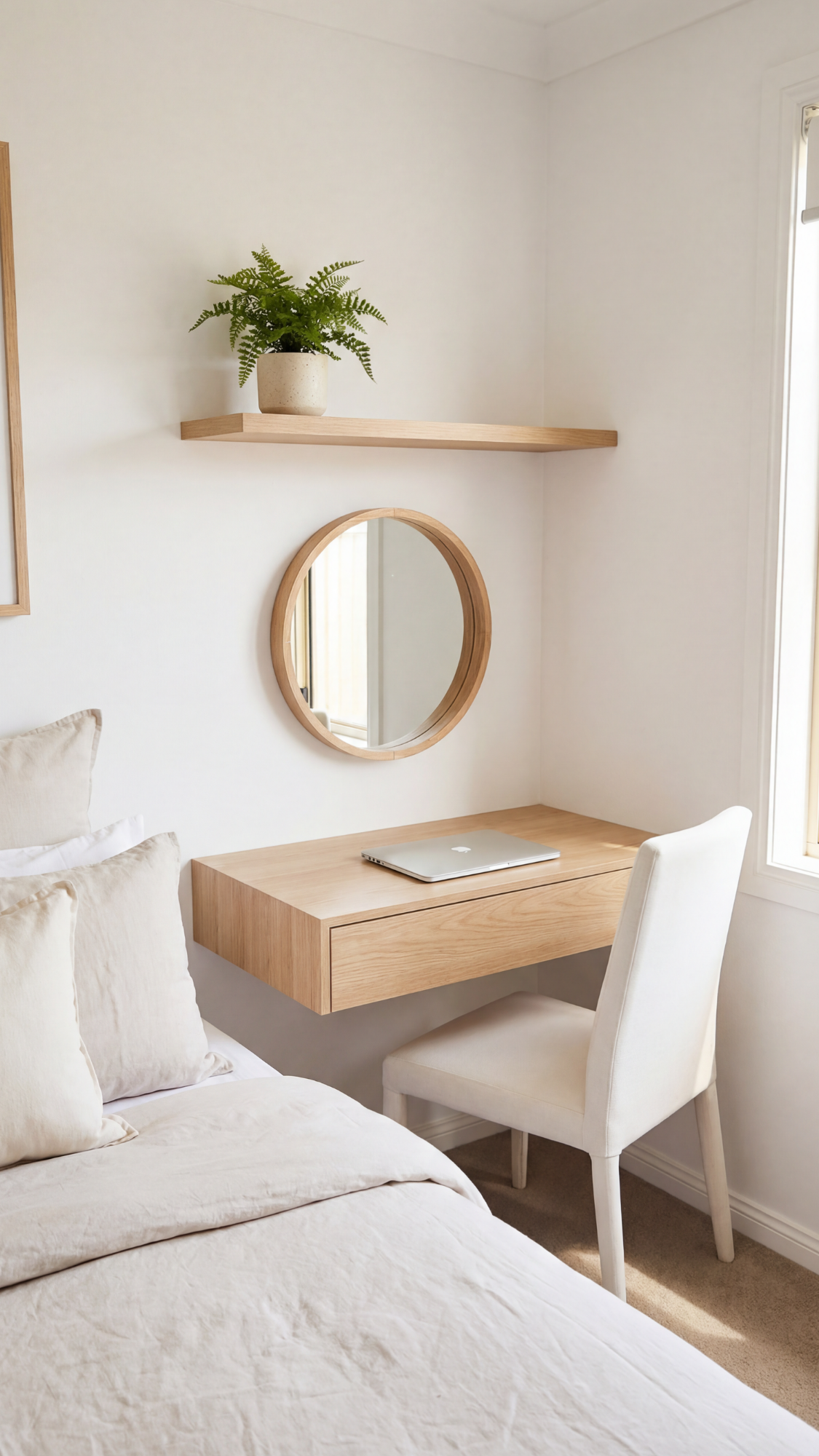Small bedroom corner with wall mounted floating desk and stool creating a tiny workspace without crowding the room