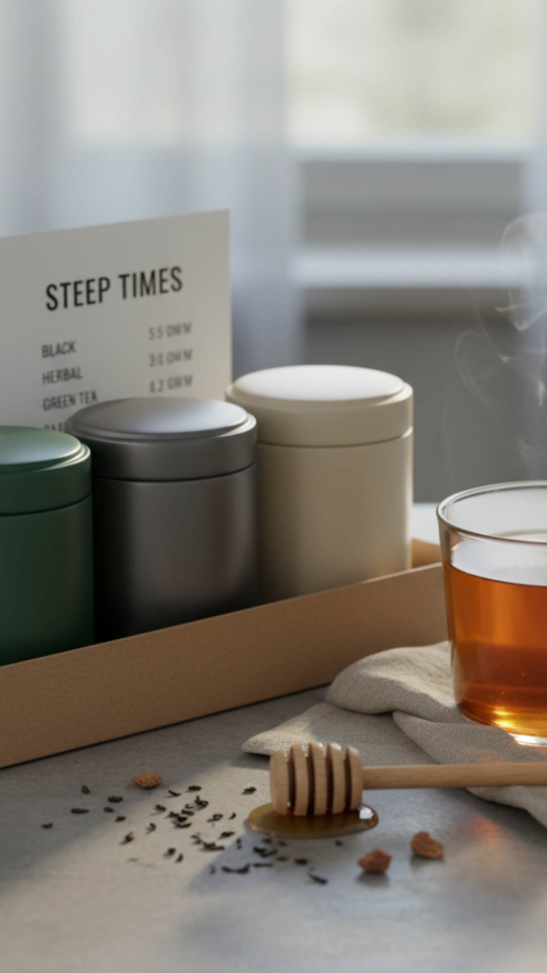 Tea Sampler Tins — trio of small metal tins for black, chai, and herbal teas with a steep-time card.
