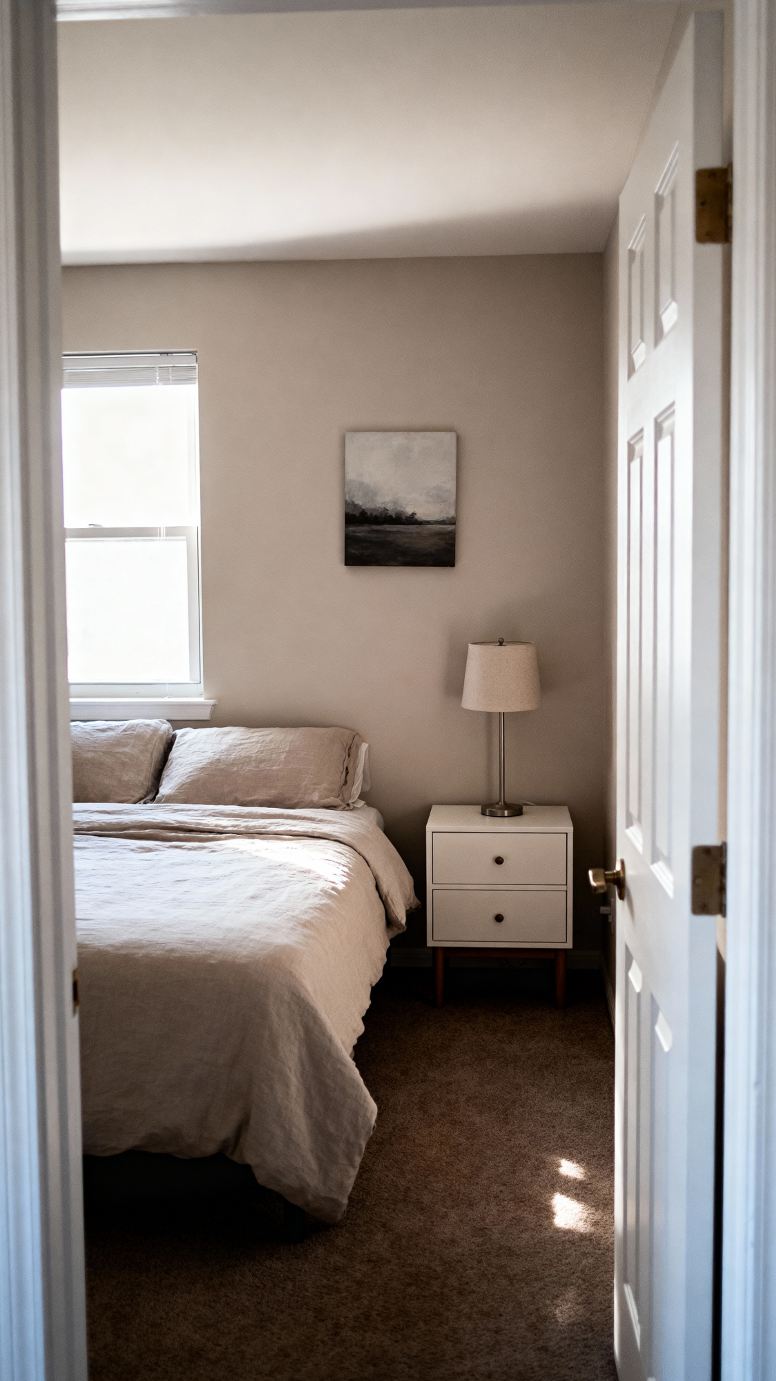 Small bedroom with mini dresser used as a nightstand adding extra drawer storage beside the bed