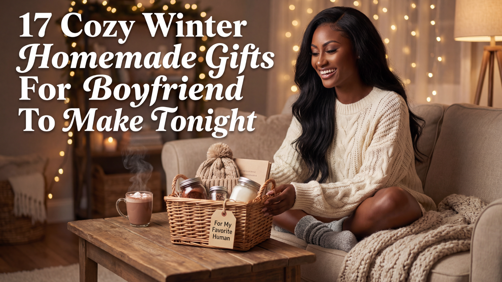A smiling woman wearing a cozy cream sweater sits on a sofa in a warmly lit living room, holding a wicker gift basket filled with homemade winter items, with a mug of hot chocolate on the coffee table and soft string lights glowing in the background.