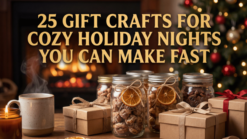 Cozy holiday scene with jars of homemade treats, wrapped kraft paper gifts, a steaming mug, and a glowing fireplace with a decorated Christmas tree in the background. Text overlay reads “25 Gift Crafts for Cozy Holiday Nights You Can Make Fast.”