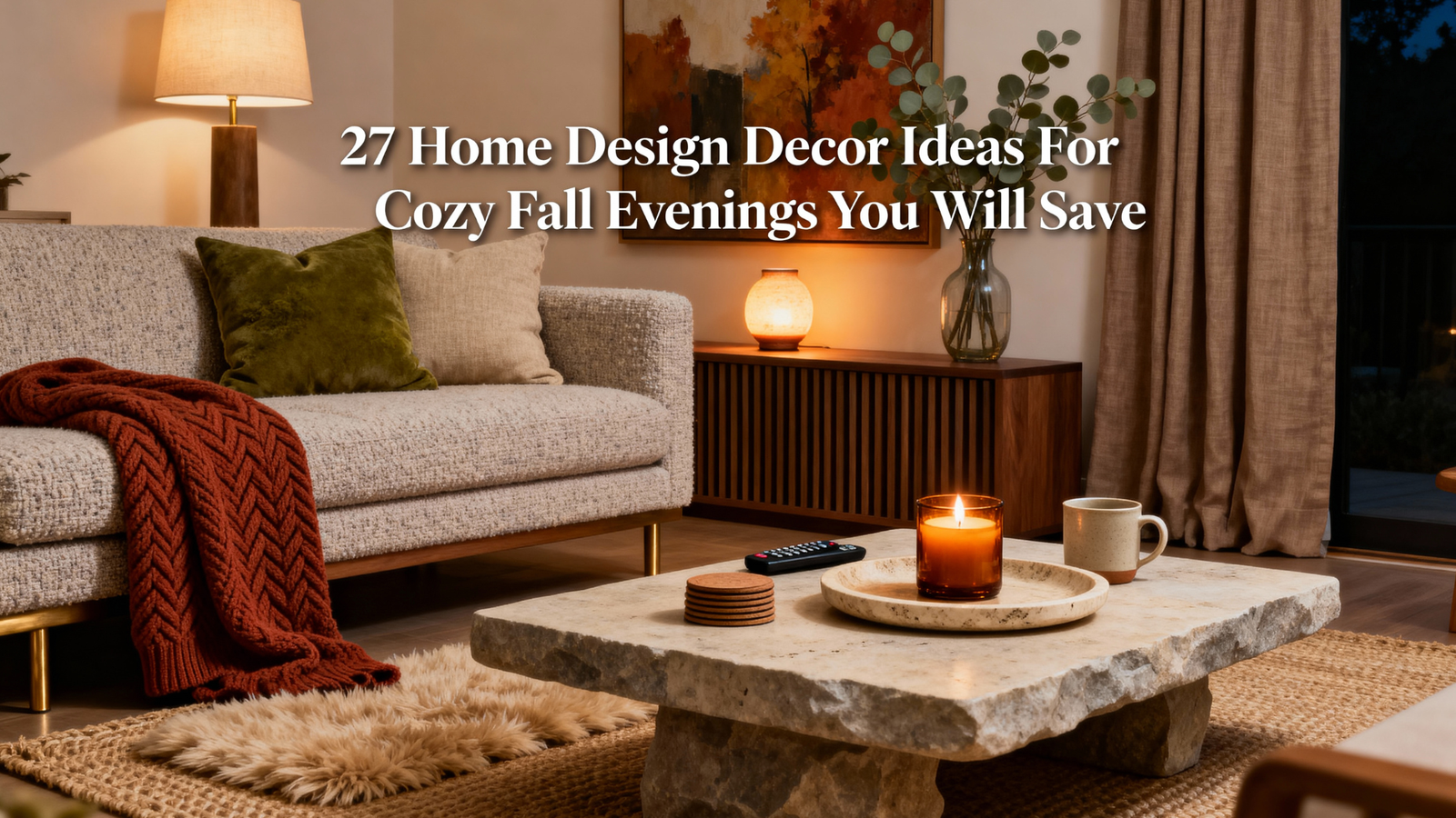 A warm and cozy fall-inspired living room with soft lamp lighting, a textured beige sofa, rust-colored knit throw blanket, stone coffee table with a lit amber candle, fall artwork, and neutral decor creating a relaxing autumn evening atmosphere.