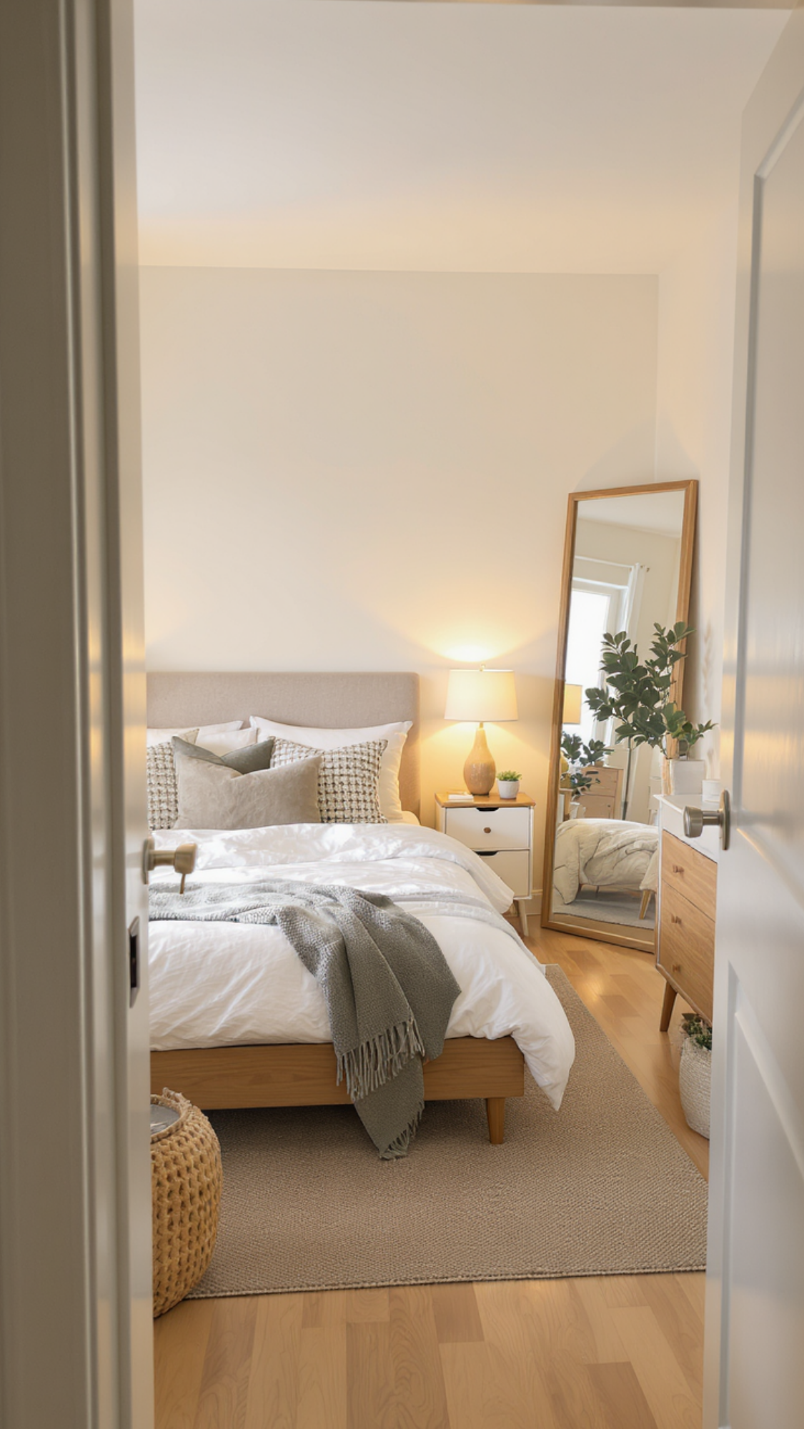 Styled small bedroom makeover with light palette, slim furniture, and smart storage showing bedroom ideas for small rooms