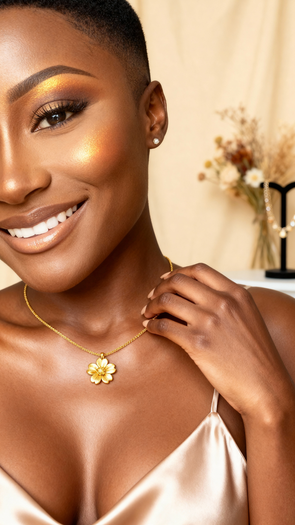Custom birth-flower necklace — close-up of a dainty gold pendant shaped like a birth flower on a thin chain, styled on a linen background.
