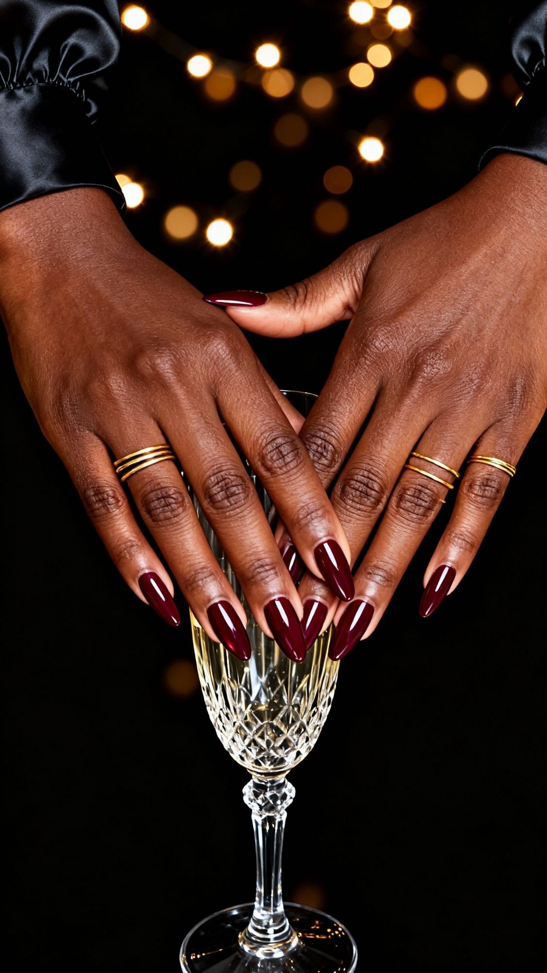 Two hands with elegant, dark red, almond-shaped holiday nails and several gold rings rest on a crystal champagne glass. The background features warm, out-of-focus lights—perfect inspiration for chic nail ideas this season.