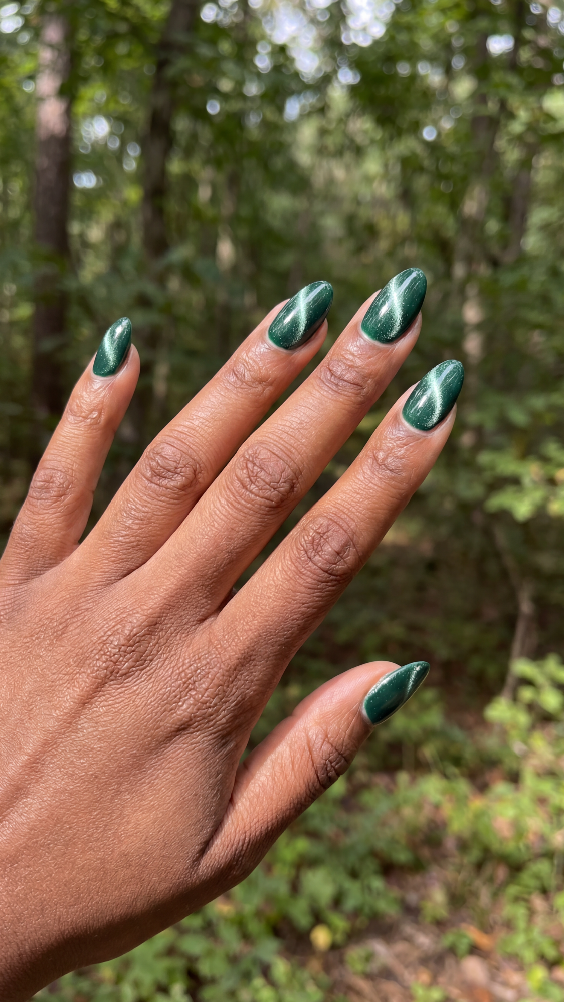 Forest Velvet (Cat Eye) — “Medium almond nails in deep forest green with a magnetic velvet cat-eye shimmer under glossy topcoat.”
