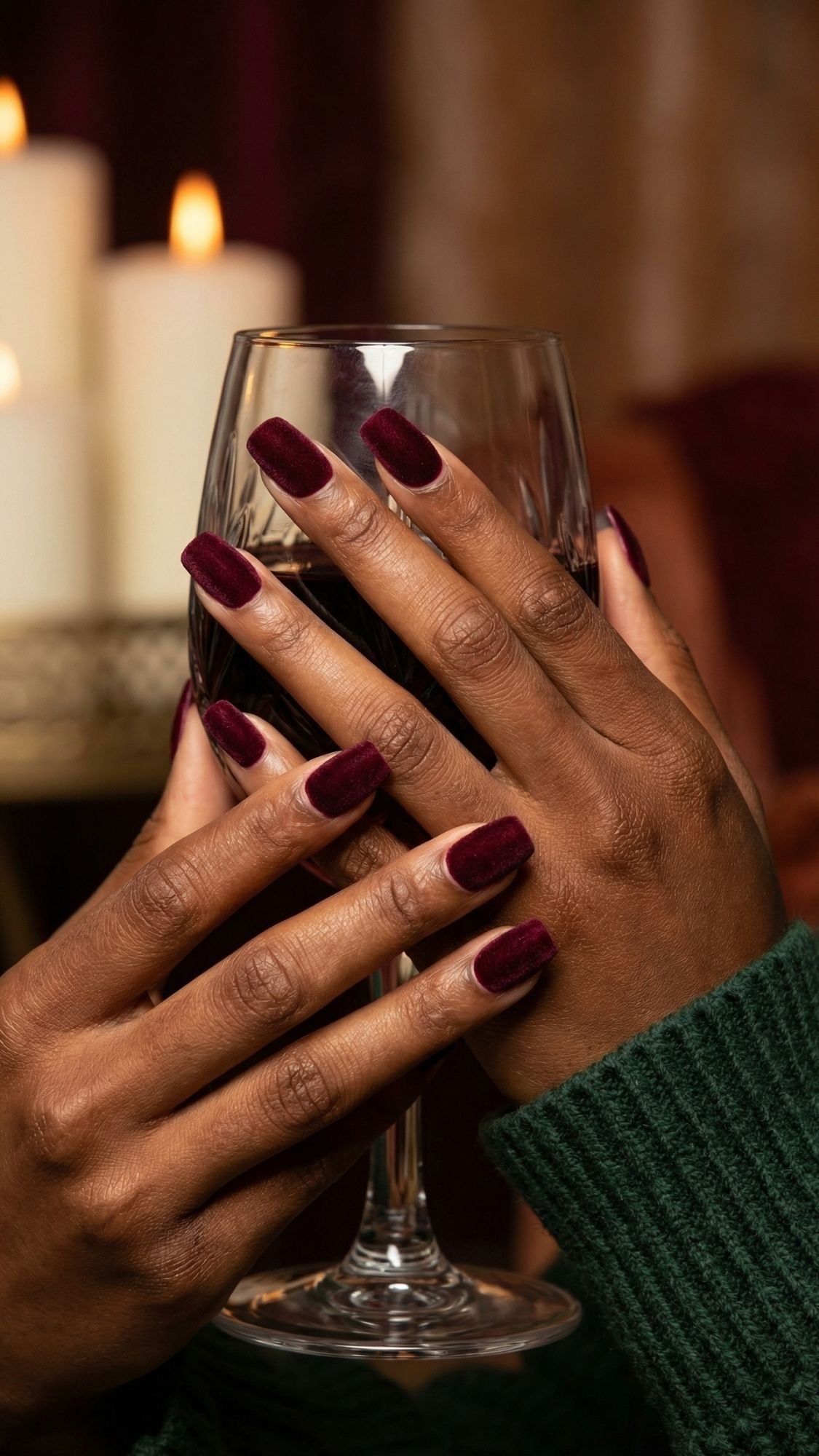 A person with dark skin and elegant nails holds a wine glass filled with red wine, wearing a green knit sweater. Blurred candles glow softly in the background—a perfect scene for chic ideas at holiday parties.