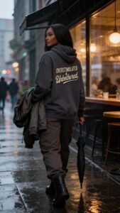 A woman in a dark back print hoodie with “Overstimulated & Unbothered” strolls a rainy city sidewalk, holding a black umbrella and jacket—perfect fall travel inspo. Warm café lights glow nearby as she looks over her shoulder.