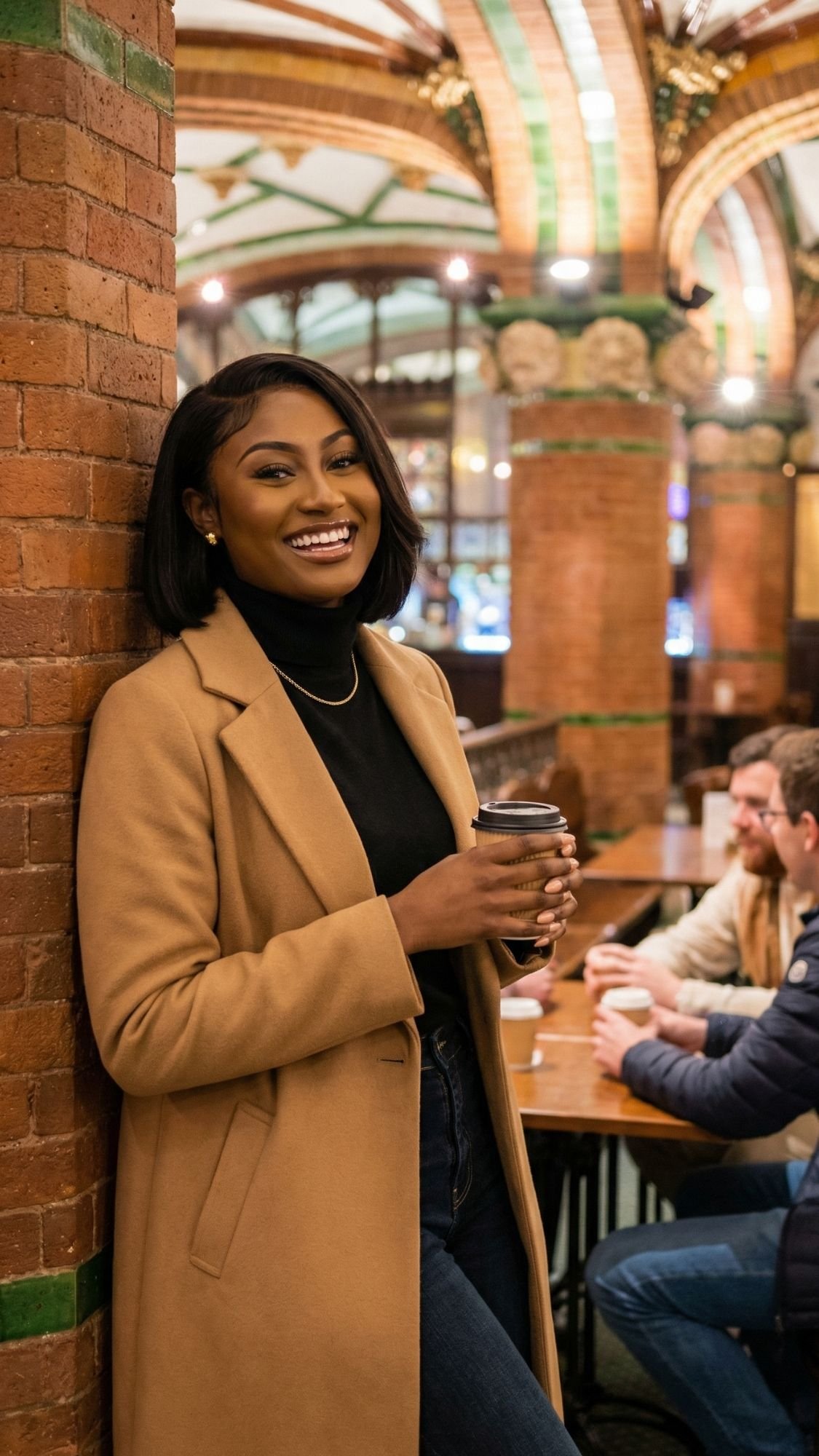 A woman in a tan coat and black top smiles while holding a coffee cup, leaning against a brick wall in a stylish café with arched ceilings—capturing the cozy winter plans vibe of winter in Barcelona. People are chatting at tables behind her.