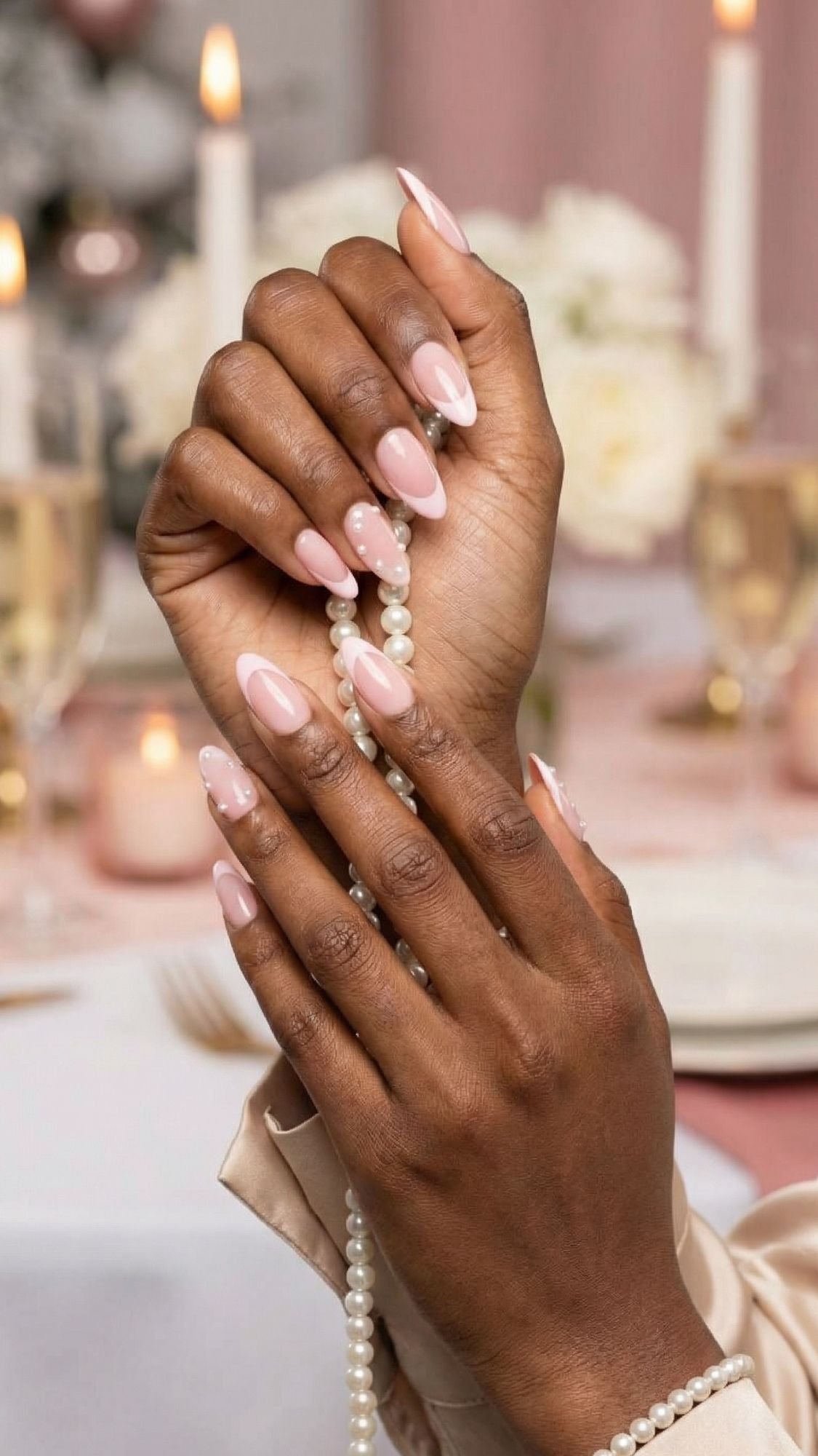 A person with dark skin holds a pearl necklace, showcasing elegant nails with light pink polish and delicate white floral designs—perfect Chic Nail Ideas for Holiday Parties. A blurred elegant table setting with candles is in the background.