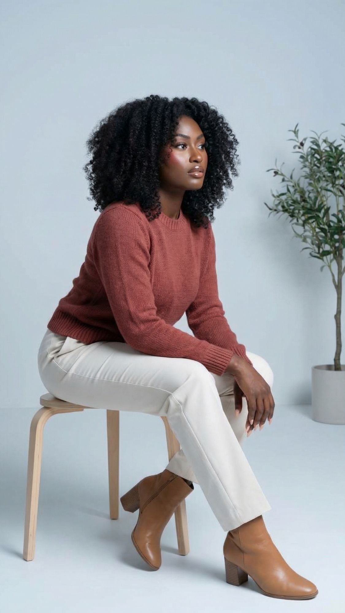 A woman with curly hair, dressed in a rust-colored sweater, cream pants, and tan ankle boots, sits calmly on a wooden chair beside a potted plant—a perfect example of Quiet Girl Winter Outfits against a light background.