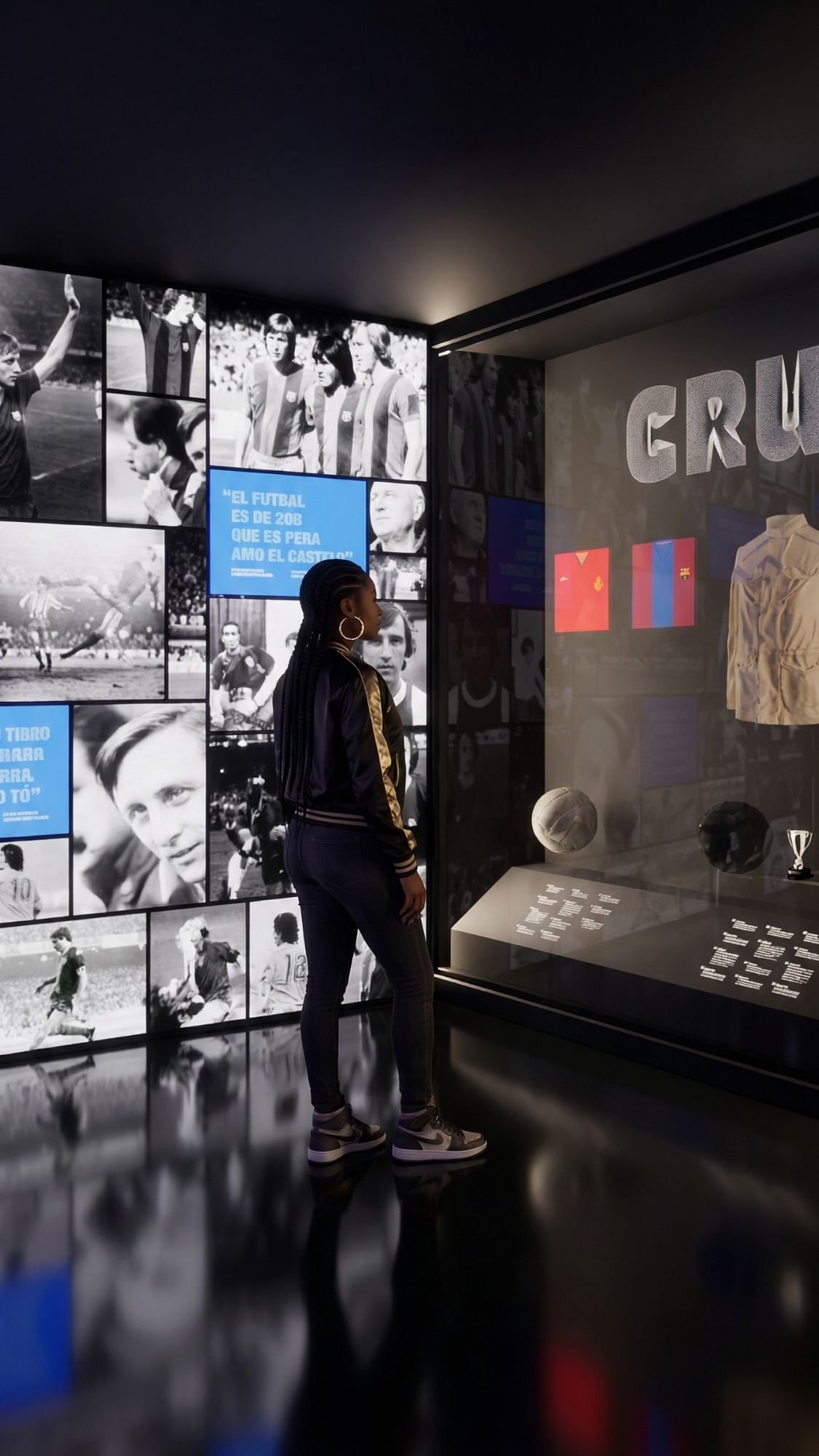 A person stands in a museum exhibit dedicated to Johan Cruyff, viewing memorabilia and jerseys—a perfect cozy winter Barcelona activity. Black-and-white photos and football quotes create an immersive sports display.