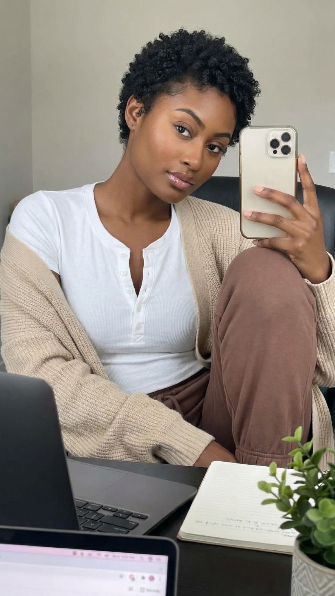 A quiet girl with short curly hair sits indoors, holding her phone for a mirror selfie. Dressed in chic winter outfits—a white shirt, beige cardigan, and brown pants—she enjoys calm mornings at her desk with a laptop, notebook, and small plant.
