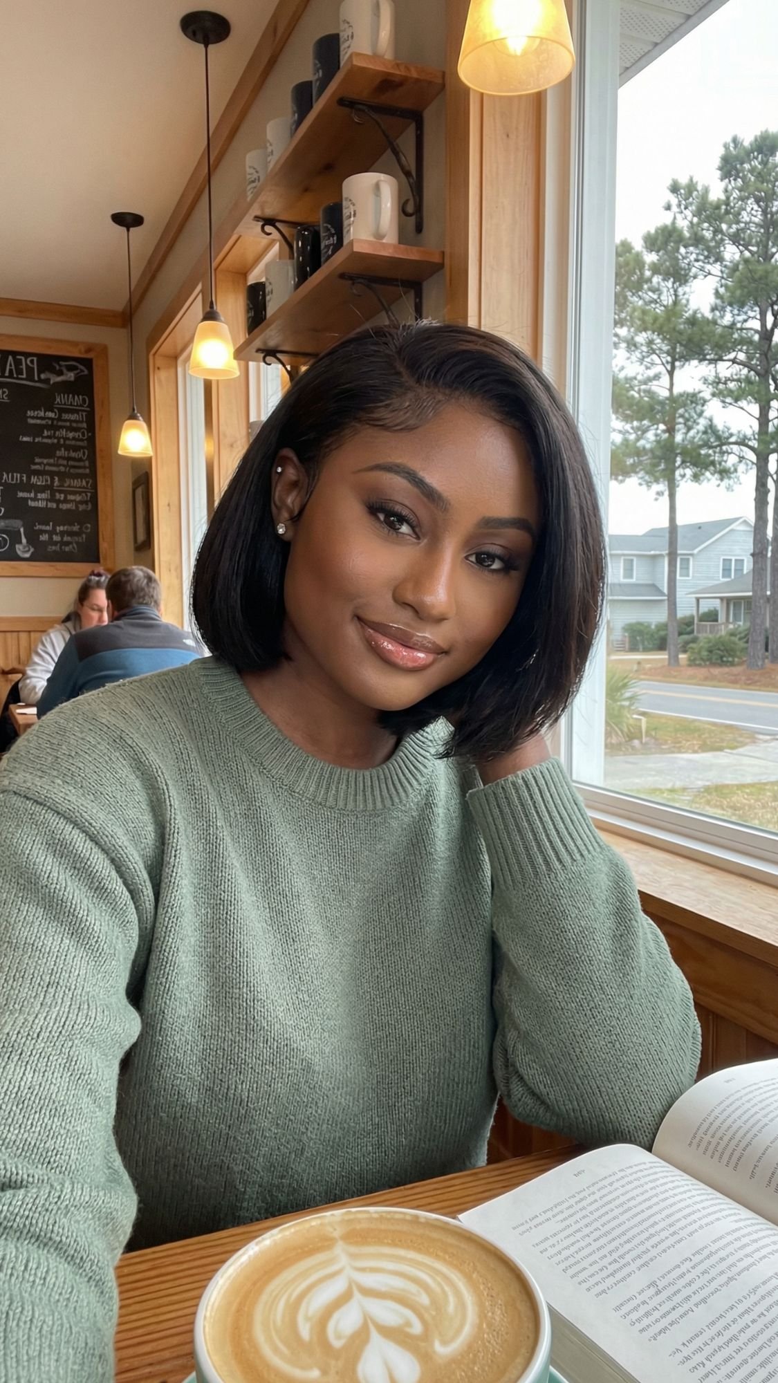 A woman with a short, dark bob haircut and a green sweater sits in a cozy cafe by a window, smiling slightly. She’s reading a book, with latte art before her—embracing relaxing coastal vibes perfect for an Outer Banks fall getaway.
