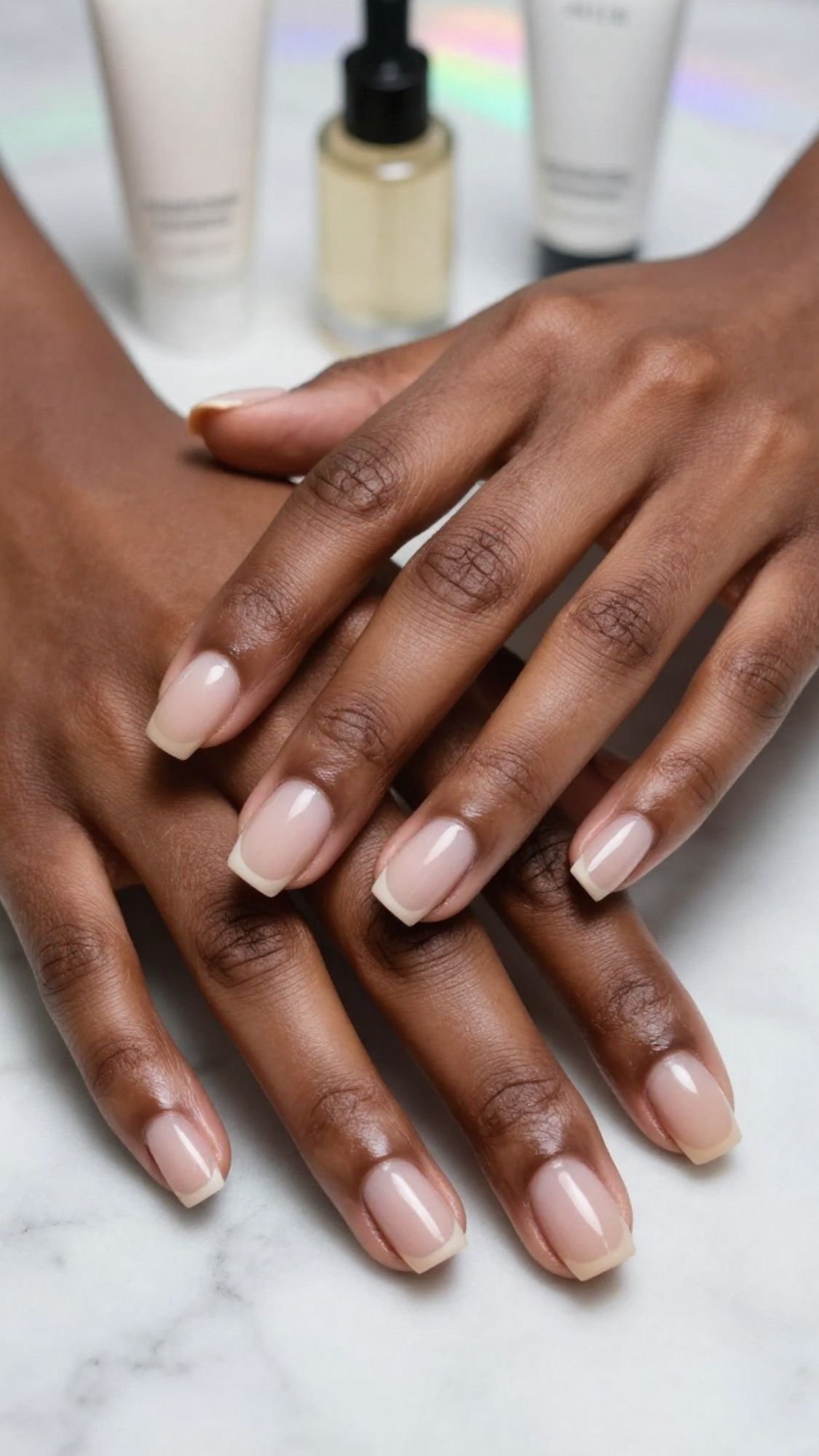 Two hands with neatly manicured nails painted in a soft, nude color rest on a marble surface, embodying quiet luxury. Blurred skincare and nail care products create an elegant, serene backdrop for these understated fall nails.