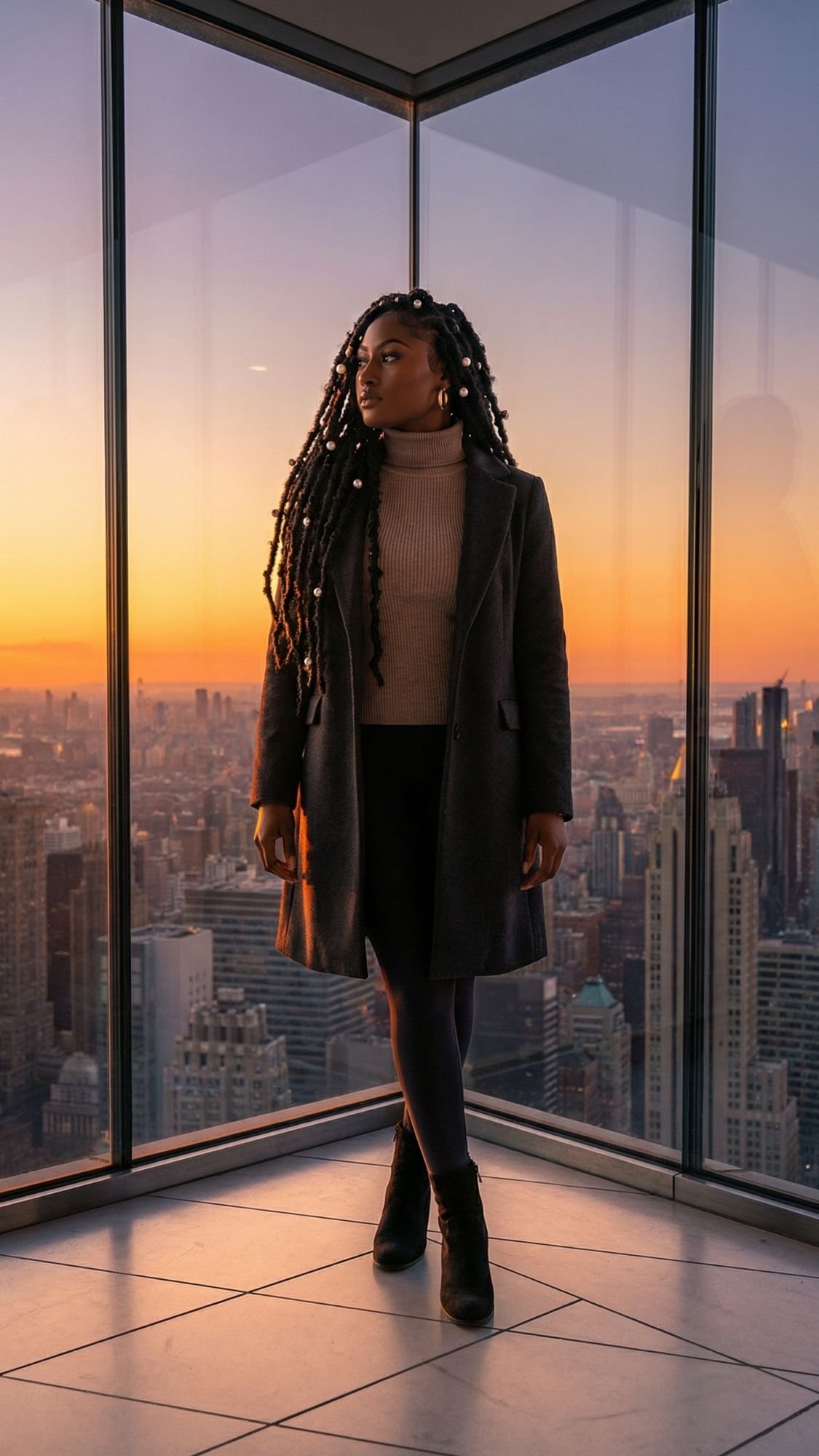 A woman with long braided hair stands before floor-to-ceiling windows, overlooking a winter Tokyo skyline at sunset. She wears a dark coat, beige turtleneck, and boots, bathed in the city’s warm golden light as Tokyo winter illuminations begin to glow.