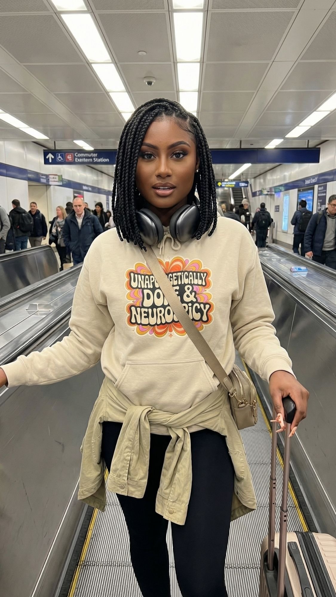 A woman with braided hair stands on an escalator in a busy subway station, embracing fall fashion. She wears headphones, black pants, and a beige sweatshirt reading Unapologetically Dope & Neurospicy, exemplifying dopamine dressing as she carries her suitcase.