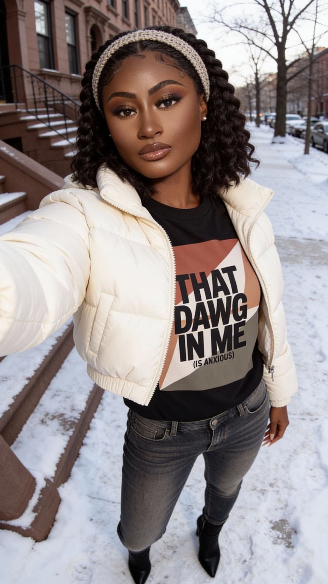 A quiet girl shows off her winter outfit, taking a selfie outdoors on a snowy street. She wears a white puffer jacket, gray jeans, and a “THAT DAWG IN ME (IS ANXIOUS)” T-shirt. Brownstone buildings complete the calm morning scene.
