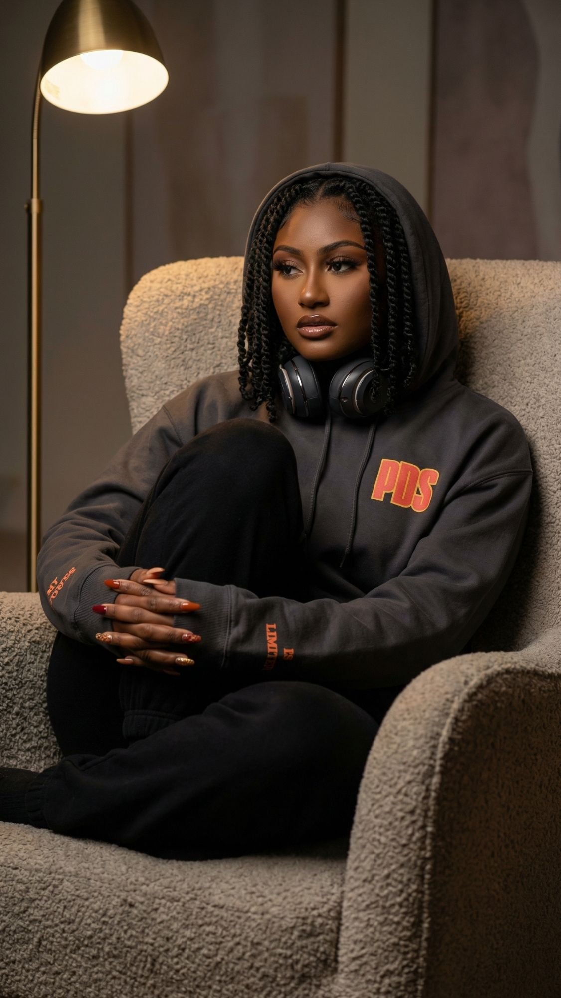 A woman with braided hair sits in an armchair, wearing a gray PDS hoodie—an ideal choice for fall fashion—black pants, and headphones around her neck. With her legs crossed and hands on her knees, she looks thoughtful.