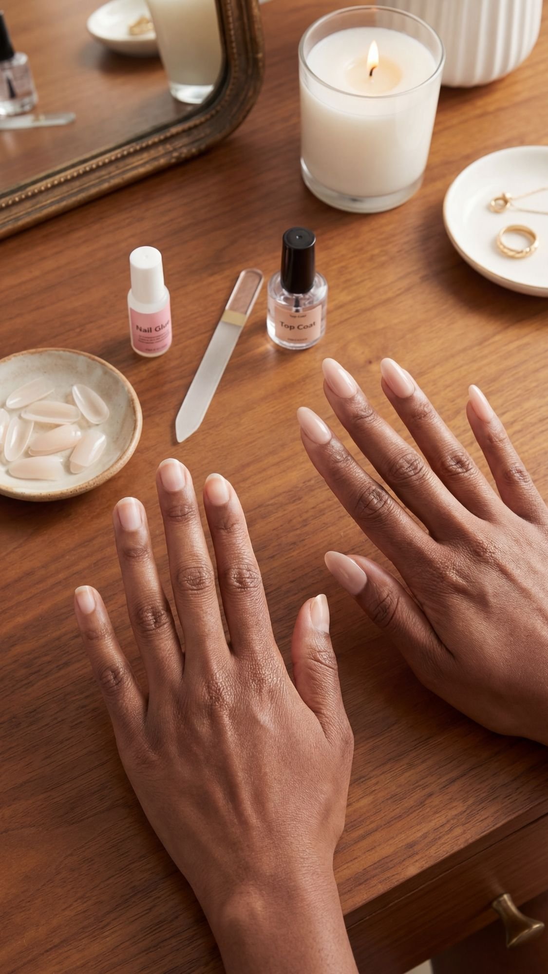 Press-On Almonds (Pre-shaped Hack) — Laid-out almond press-on tips beside glue, adhesive tabs, and a sizing file.