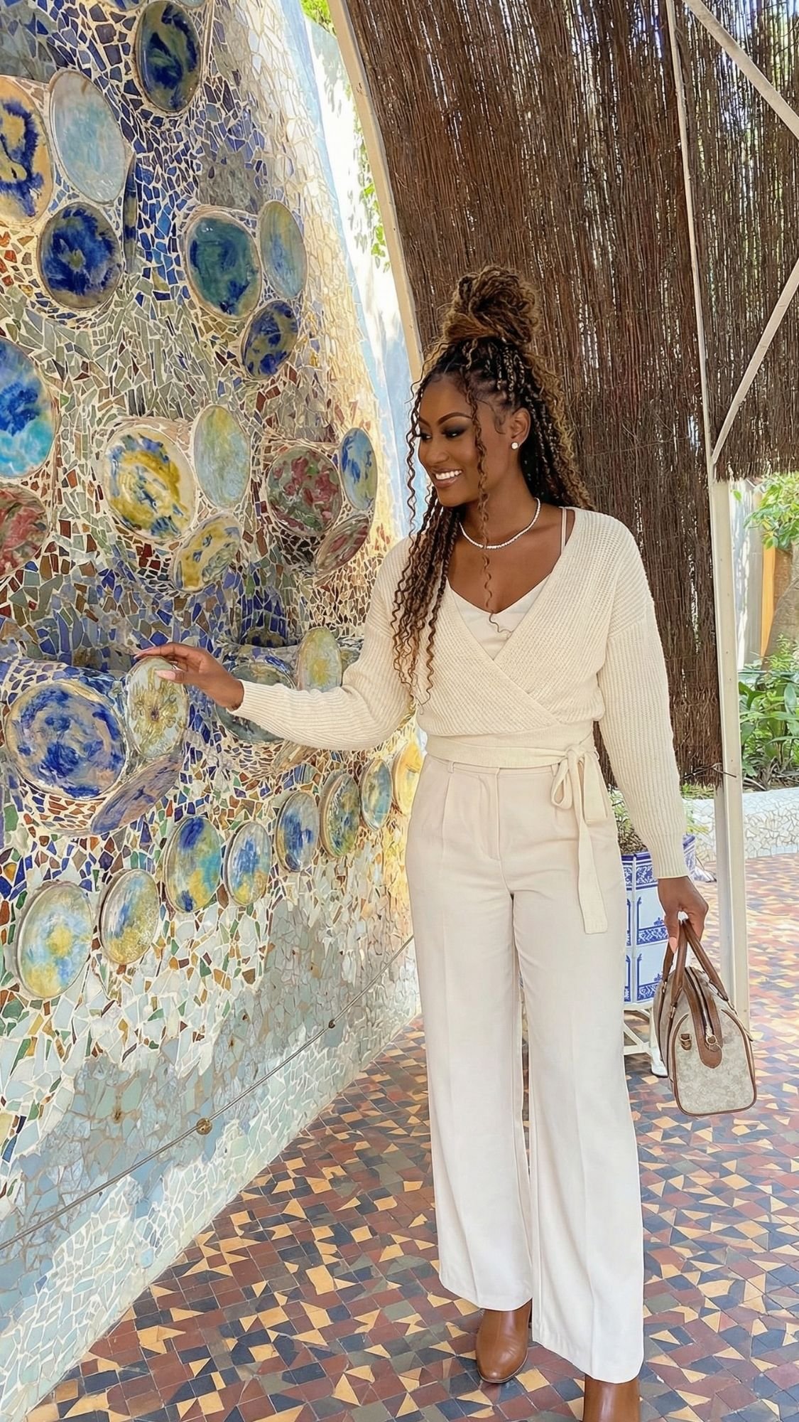 A woman in light-colored, stylish clothing stands on a mosaic-tiled floor in cozy winter Barcelona, smiling and reaching toward a colorful mosaic wall. She holds a small handbag and wears her hair in braids with an intricate updo.