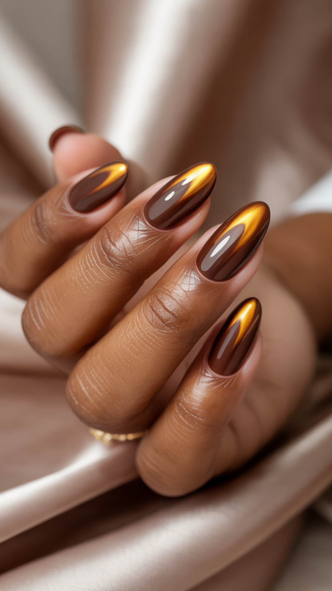 Golden Cat-Eye Cocoa — “Medium almond nails in cocoa brown with a subtle gold magnetic cat-eye beam and glossy topcoat.”
