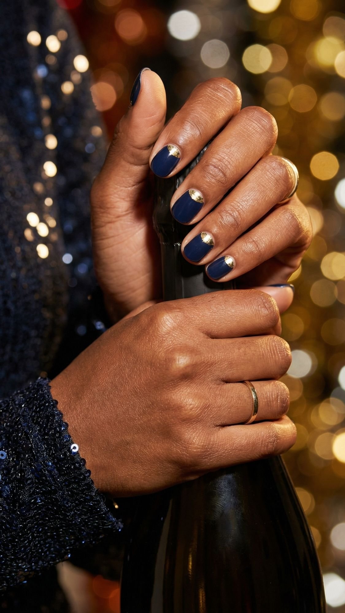 A person with dark skin and elegant navy blue nails decorated with silver studs holds a champagne bottle. Wearing a gold ring and a sparkly navy sleeve, they shine amid golden bokeh—perfect inspiration for chic ideas at holiday parties.