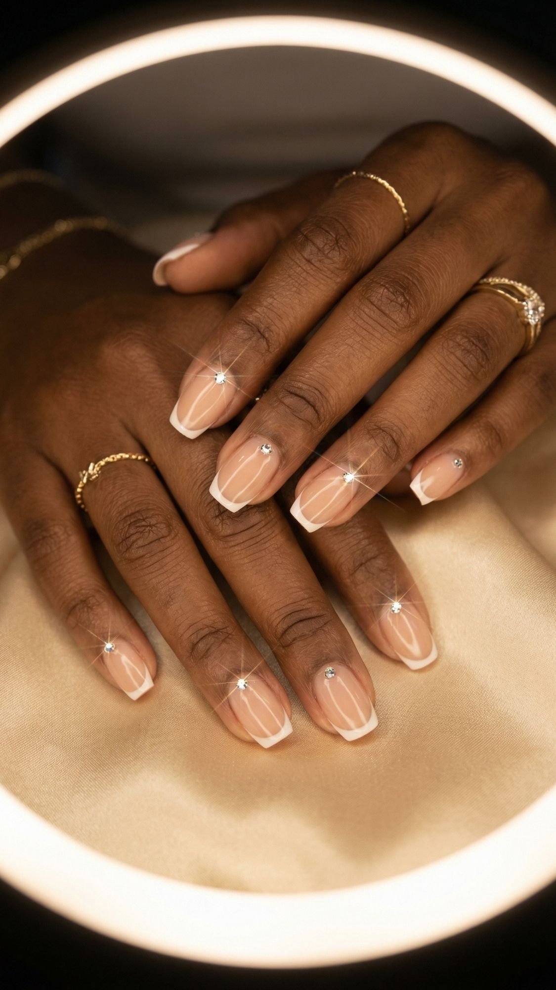 A close-up of hands with French tip nails, each adorned with a rhinestone. Gold rings and a soft, beige satin fabric create a quiet luxury vibe, all beautifully illuminated by a circular light.