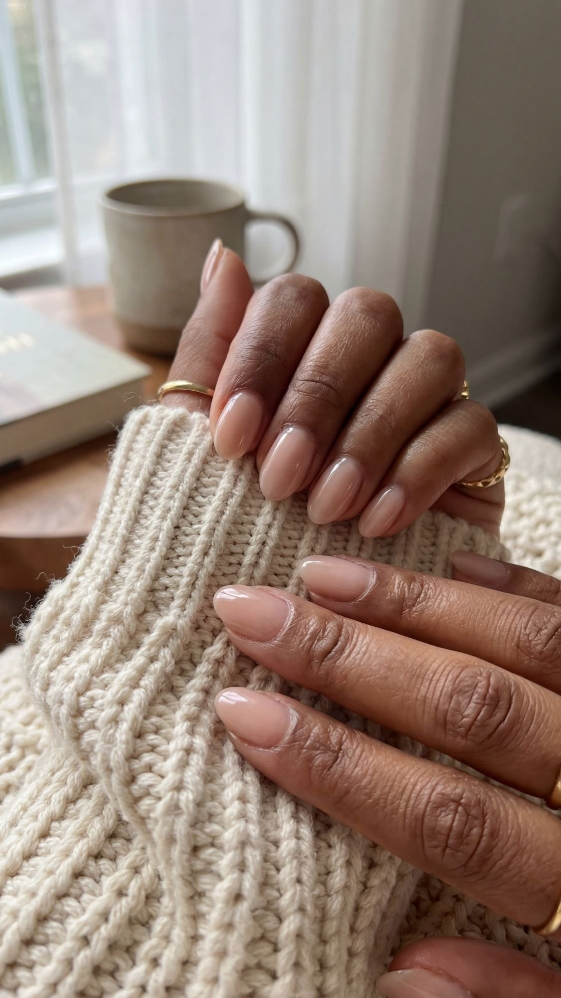 Short Naked Almond Nails — Natural short almond nails in a sheer nude holding a knit sweater sleeve.