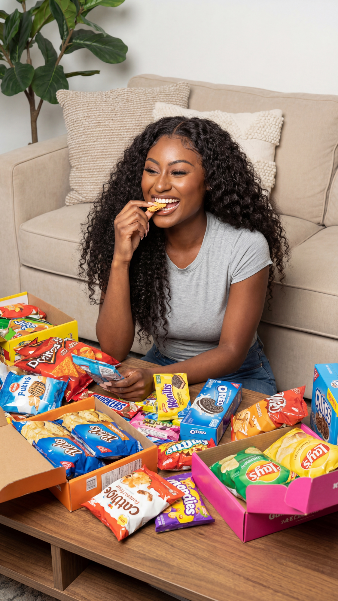 Gourmet snack / international treat box — open snack box showing assorted international treats and a tasting card.
