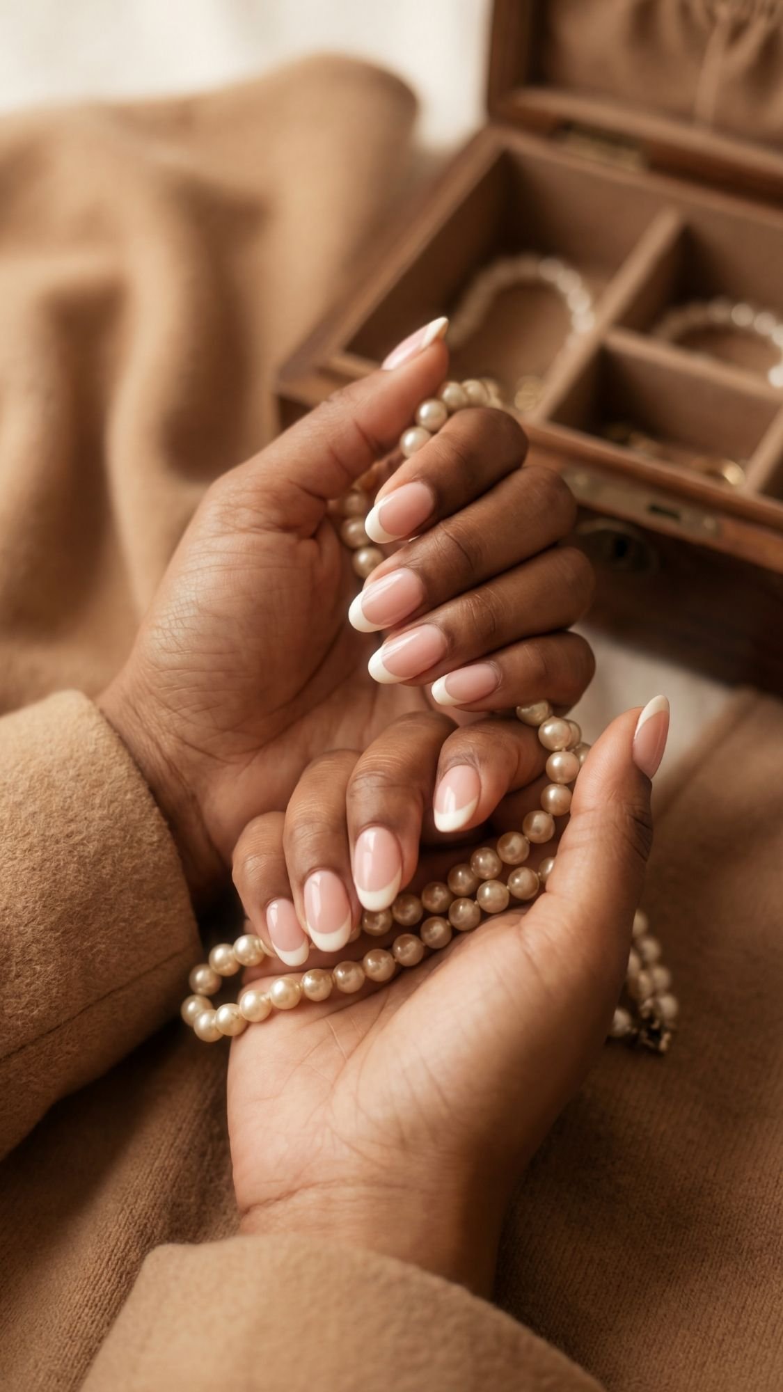 A person with neatly manicured French tip nails holds a string of cream-colored pearls, with a wooden jewelry box and beige fabric in the background, embodying the essence of quiet luxury.