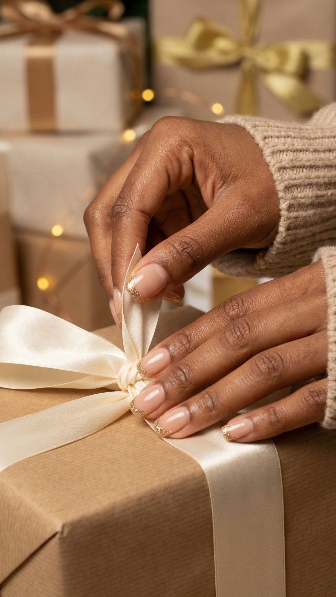 A person with elegant nails ties a white satin ribbon on a brown gift box, with other wrapped presents in the background—perfect chic nail ideas for holiday parties.