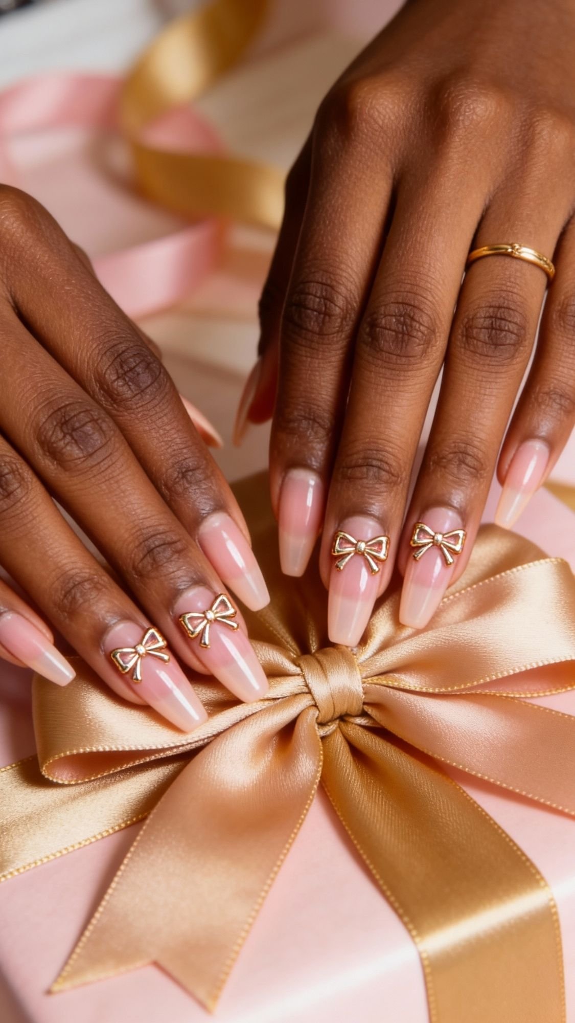 Hands with long, glossy, nude-colored elegant nails adorned with gold bow charms rest on a pink gift box tied with a gold satin ribbon. Perfect chic nail ideas for holiday parties, one hand wears a simple gold ring.