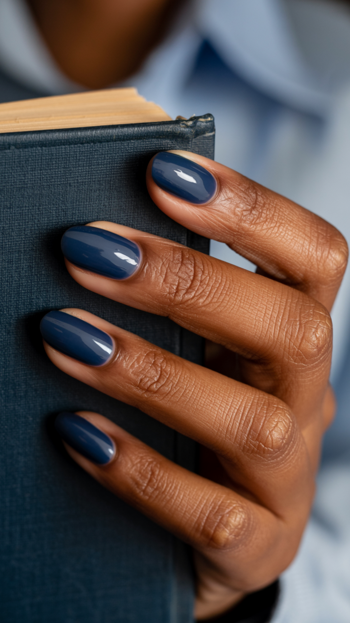 Navy Cashmere — “Short almond nails painted in deep glossy navy crème.”
