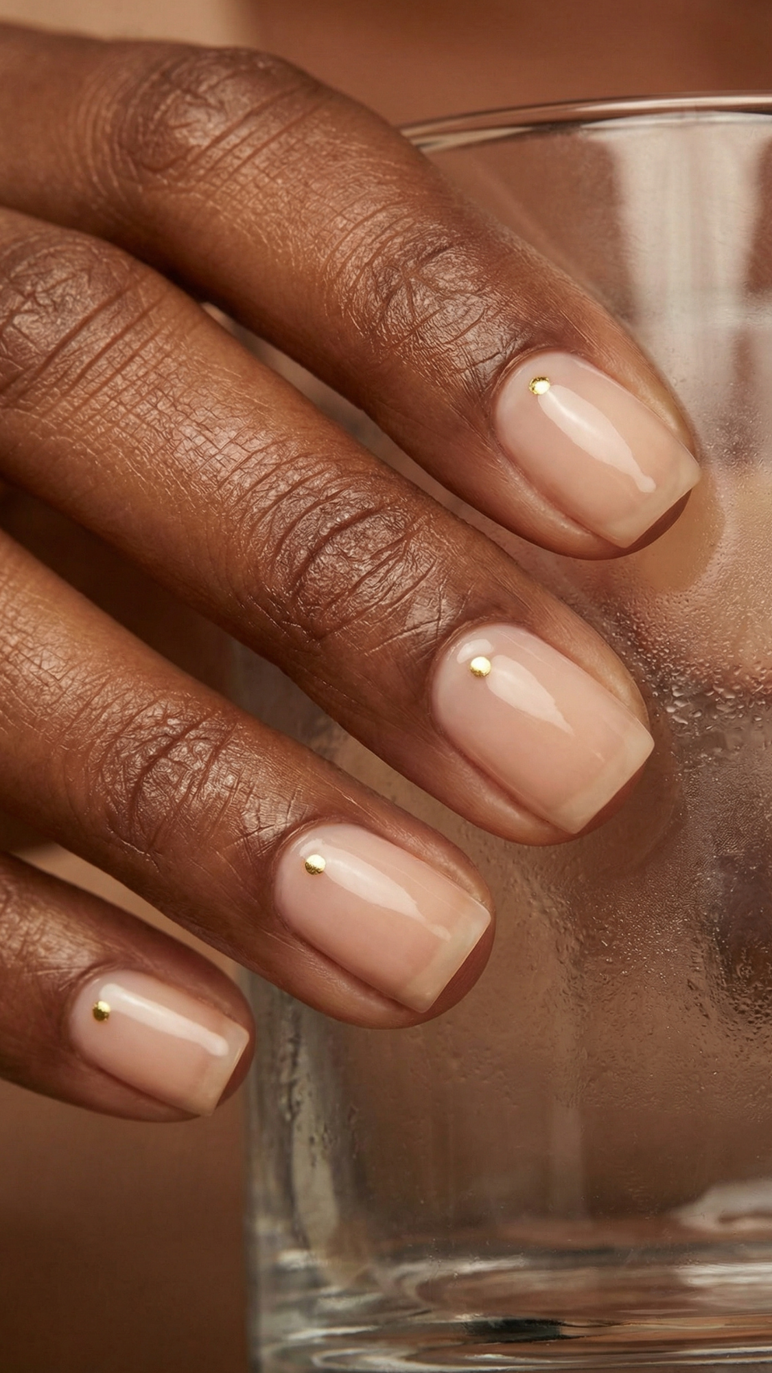 Gilded Micro Dots — “Short oval/squoval nails in nude base with single tiny gold dot near each cuticle, glossy finish.”
