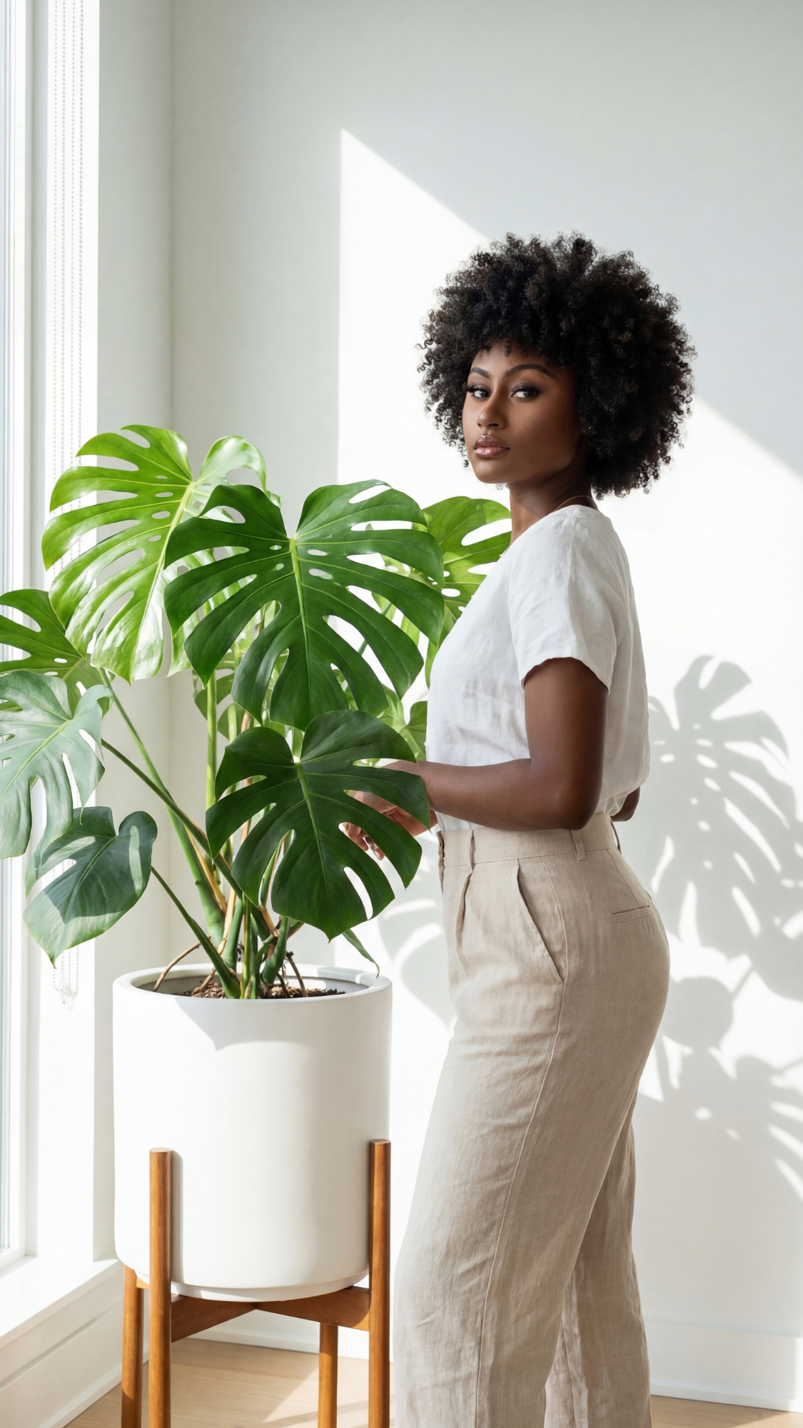 Statement houseplant + aesthetic pot — lush houseplant potted in a decorative pot placed on a shelf or windowsill.
