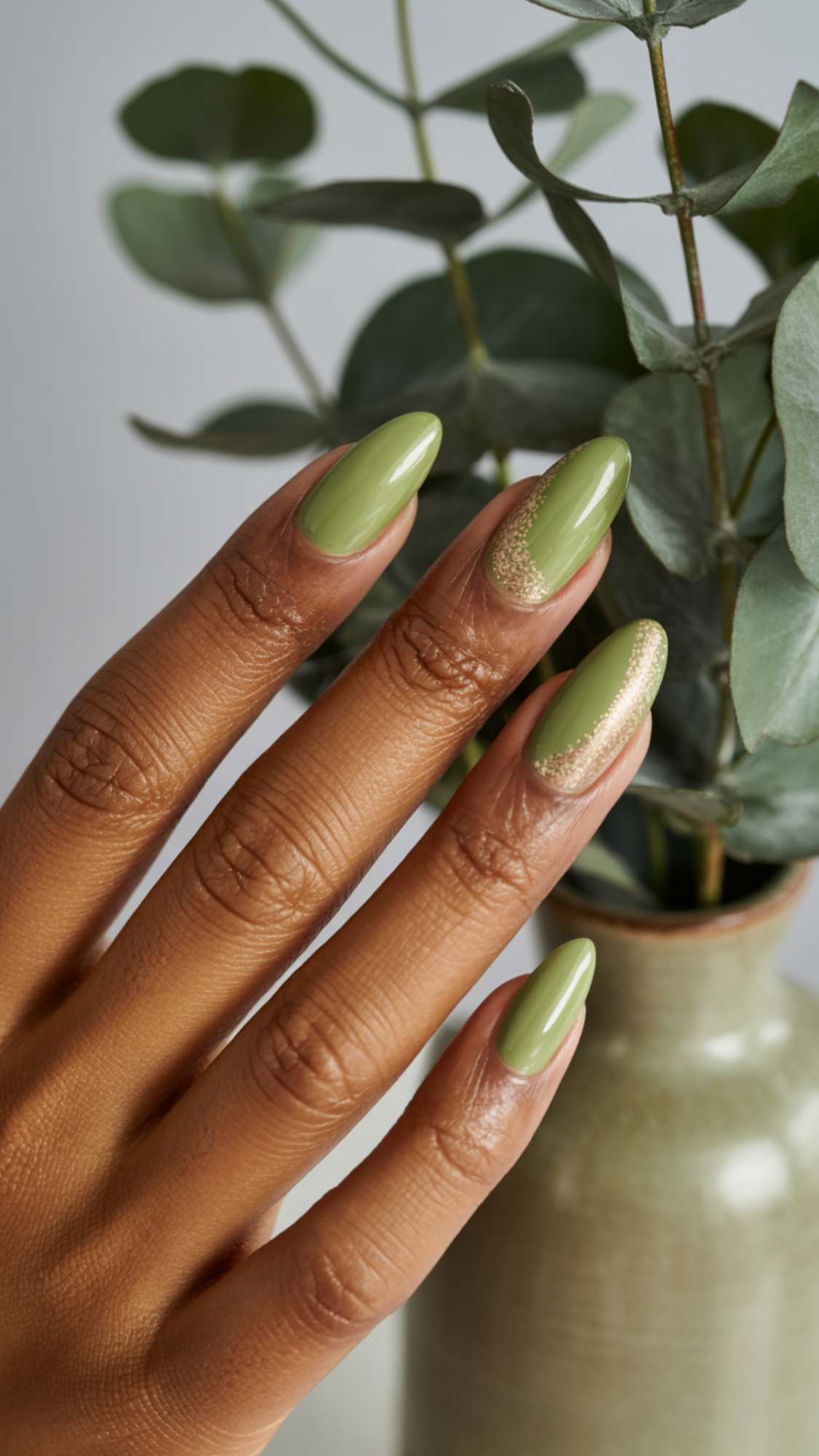 Spiced Pear Sage — “Almond (or squoval) nails in muted sage crème with a soft pear-gold shimmer topper on the upper half, glossy finish.”

