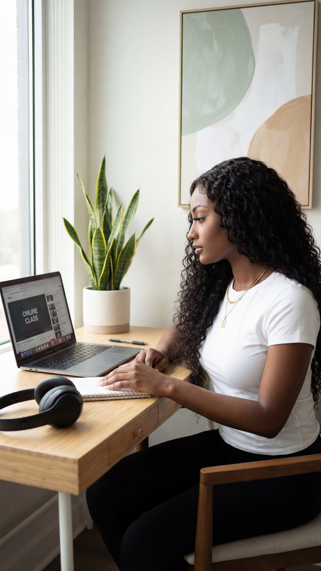 Online class / membership gift card — printed class welcome card styled with a notebook, pen, and headphones to suggest learning.
