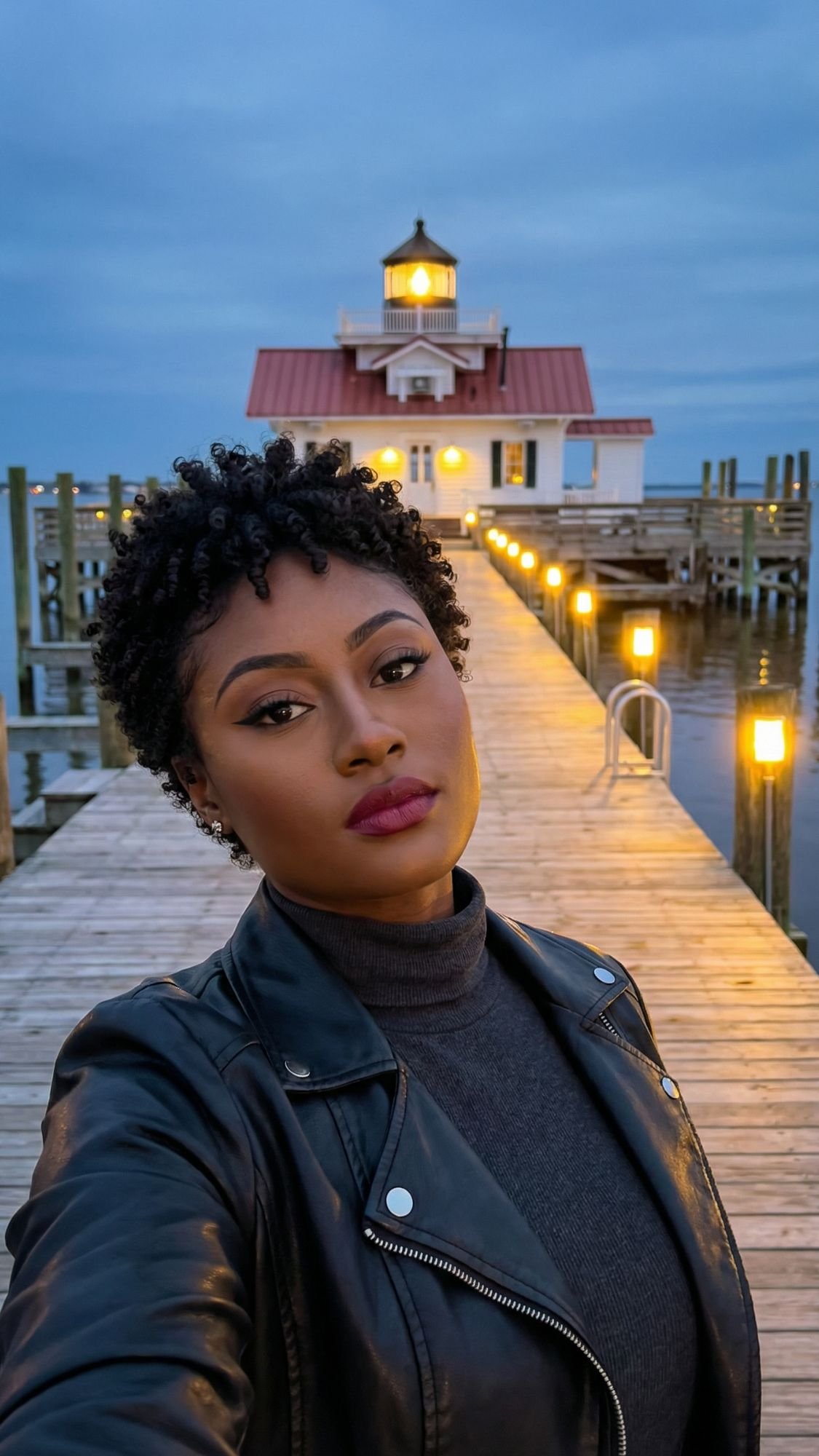 A woman with short curly hair and a black jacket takes a selfie on a wooden pier at dusk, surrounded by warm lights and cozy coastal vibes, with a lighthouse-style building in the background—perfect for an Outer Banks fall getaway.