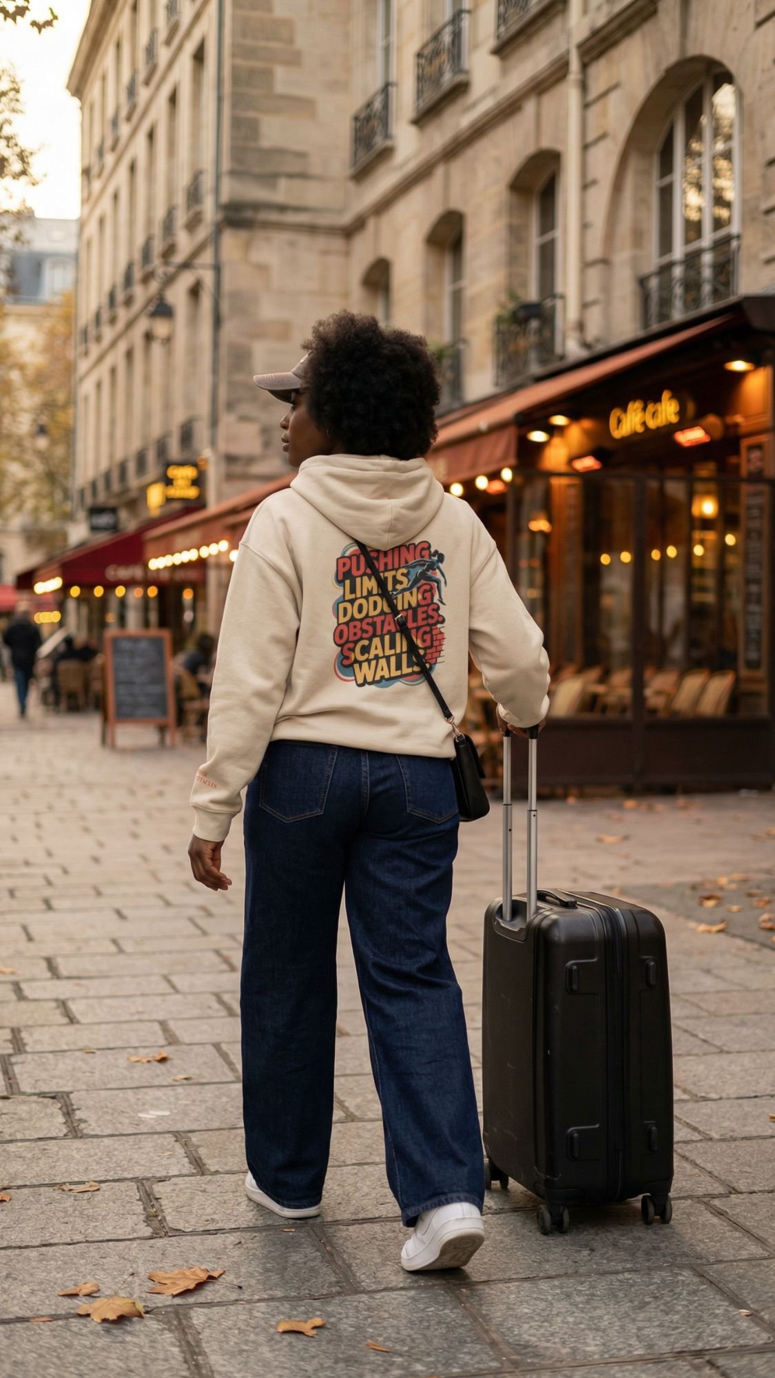 A person with curly hair walks on a cobblestone street, pulling a black suitcase. Their fall travel outfit features jeans, white sneakers, and a back print hoodie as they pass outdoor café seating decorated with string lights.