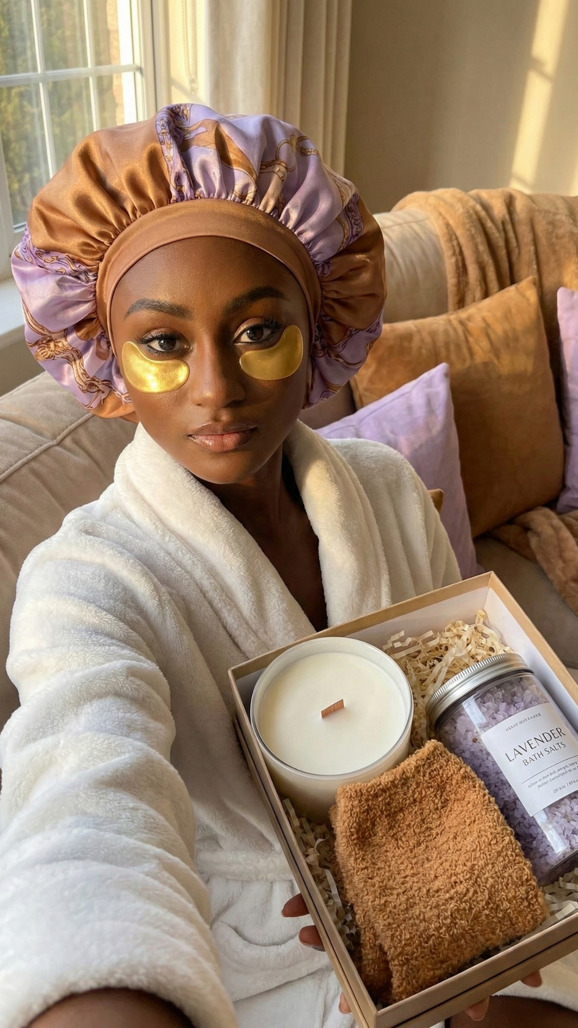 Curated self-care gift box — open gift box showing a candle, bath soak, cozy socks, and a journal arranged as a tiny at-home retreat.
