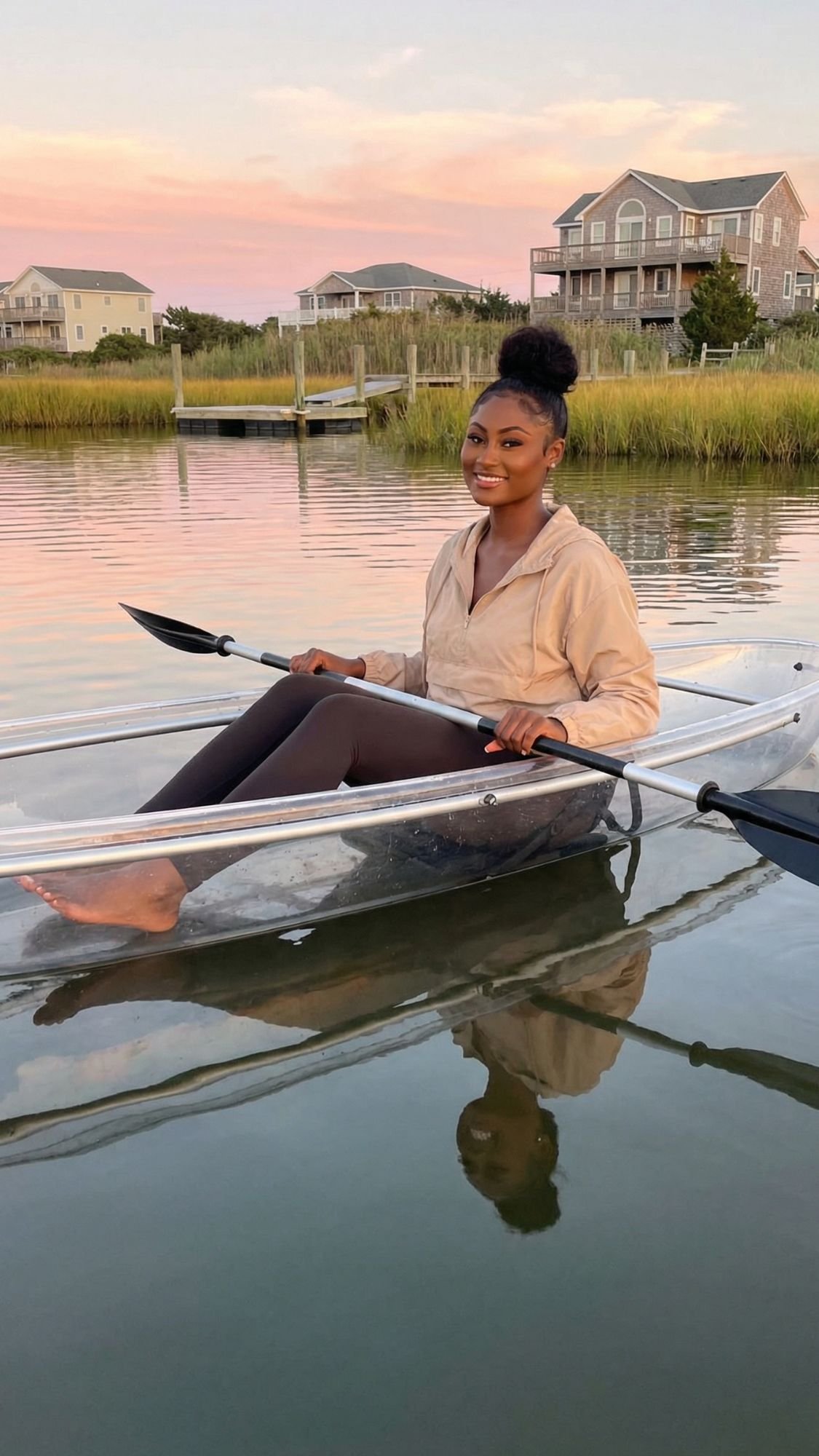 A woman sits in a clear kayak on calm water at sunset, smiling at the camera. She wears a tan jacket and dark leggings, embracing Coastal Vibes with houses and tall grasses in the Outer Banks visible in the background.