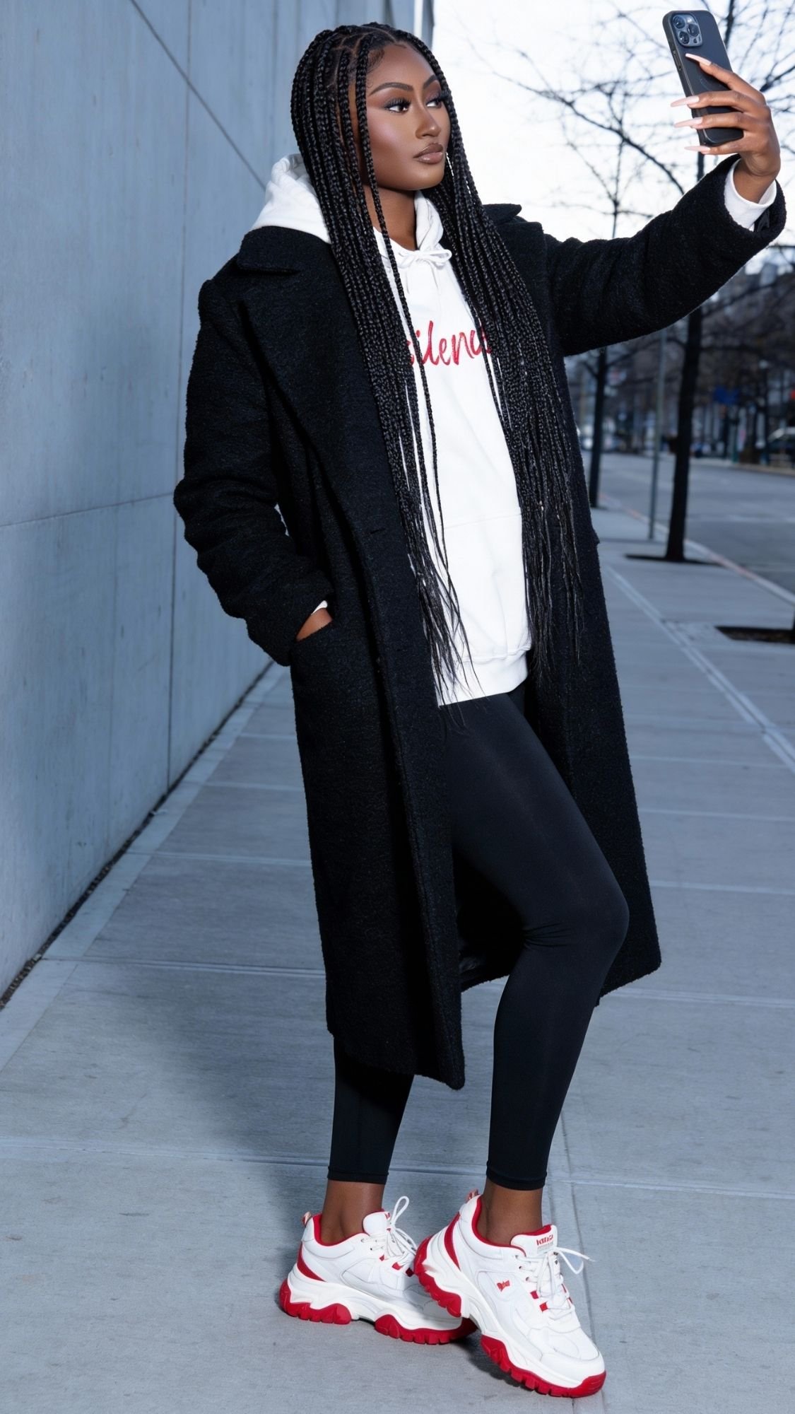 A woman with long braids, dressed in sleek winter fashion—a black coat, white hoodie, black leggings, and white sneakers with red details—stands on a city sidewalk taking a selfie, embodying calm mornings and Quiet girl winter outfits.