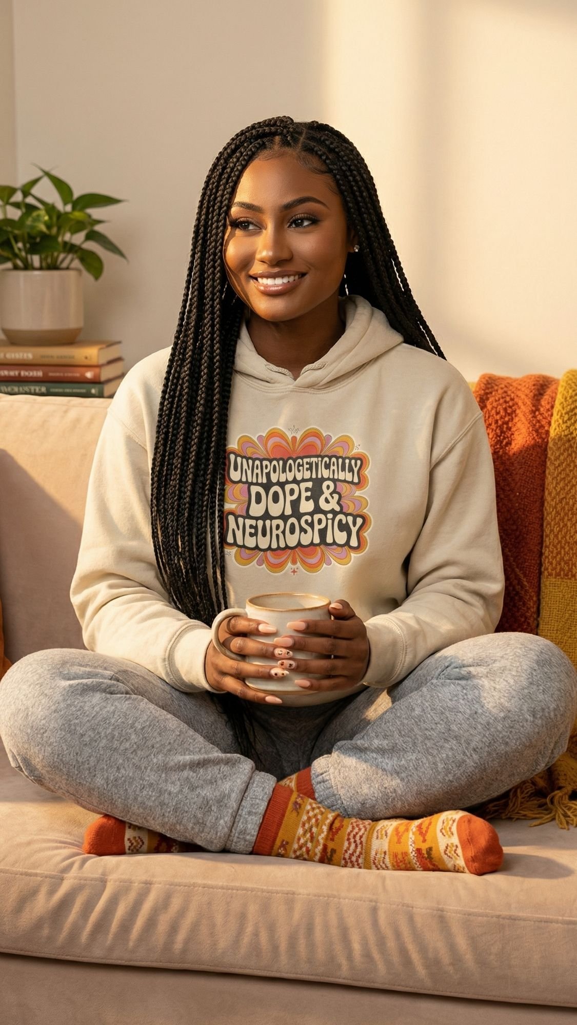 A smiling woman with long braids sits cross-legged on a couch, holding a mug. Embracing dopamine dressing, she wears a cream hoodie that says Unapologetically Dope & Neurospicy, gray sweatpants, and patterned orange socks. Books and a plant are nearby.