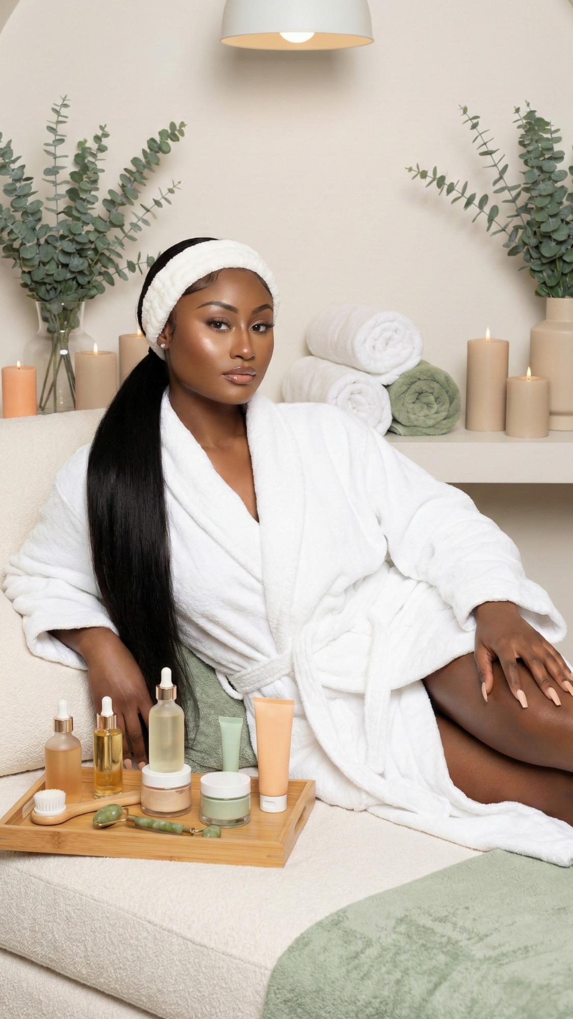 At-home spa day kit — flat lay of spa items (face mask, bath salts, body oil, towel) presented as an at-home treatment set.
